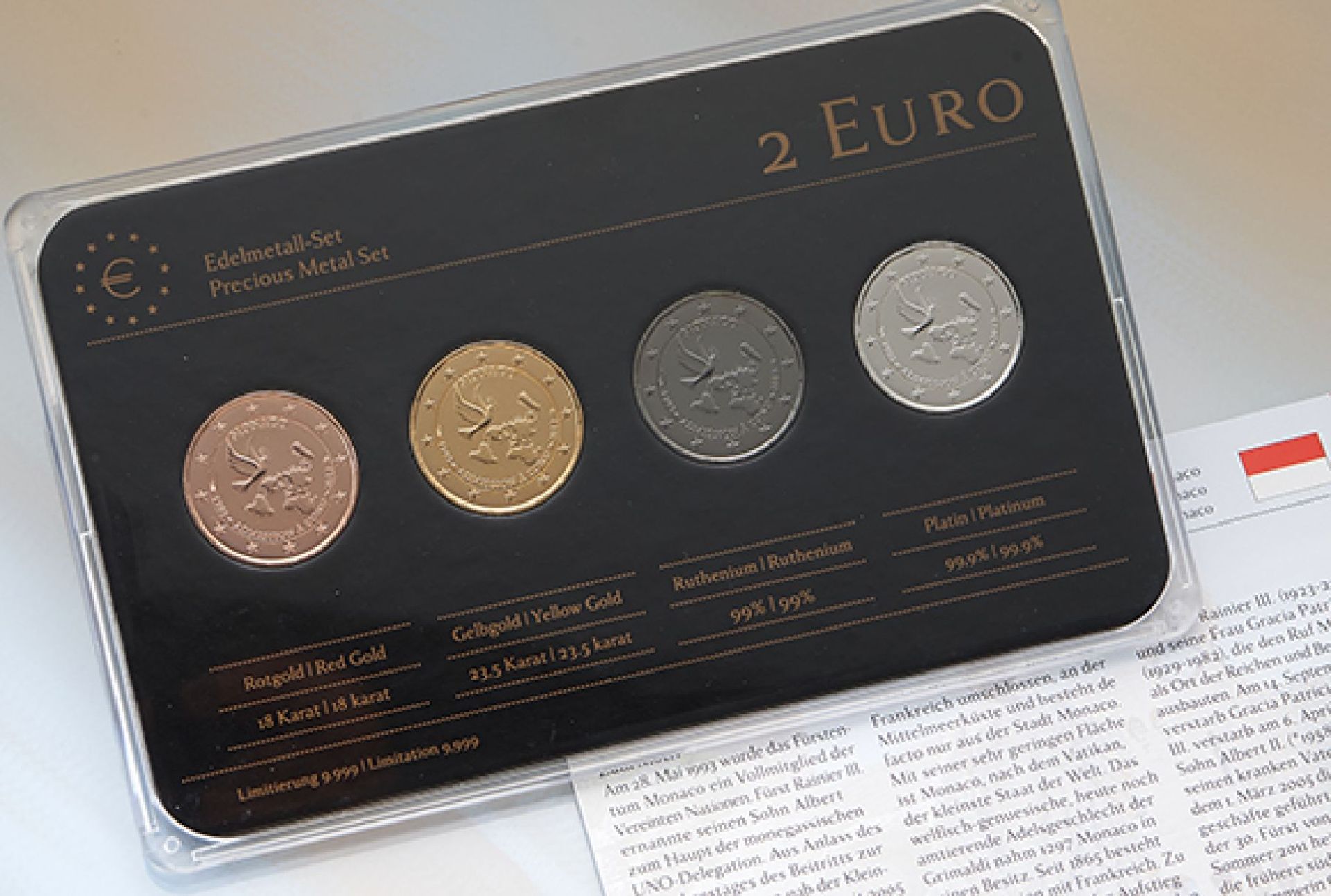 Edelmetall Set, 20 Jahre Beitritt zur UNO, Monaco, 1993-2013, best. aus: 4 x 2 EURO, davon 1 x mit