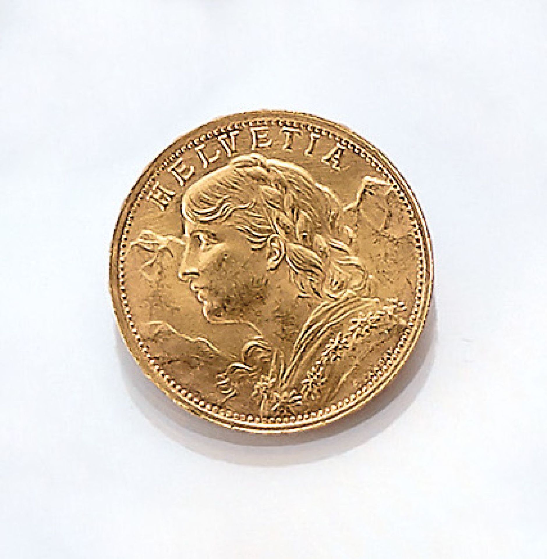 Goldmünze, 20 Franken, Schweiz, 1935, sogn.Vreneli, Helvetia, Prägemarke BGold coin, 20 Swiss