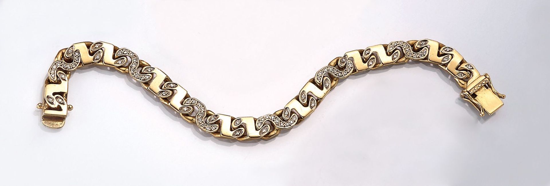 18 kt Gold Armband mit Diamanten, GG 750/ 000, 82 8/8-Diamanten zus. ca. 0.41 ct Weiß- get.Weiß/p,