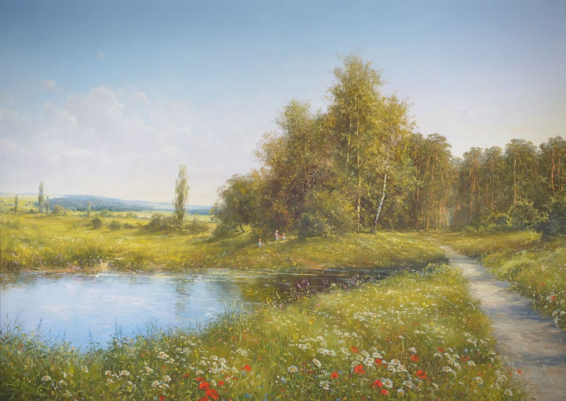 Detlef Rahn, geb. 1943, Weite sommerliche Landschaft mit Kindern auf der Blumenwiese, Öl/Lwd, min.