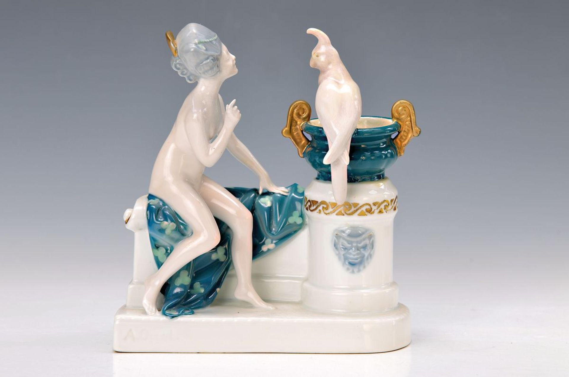 Porzellanfigur, Rosenthal, Entw. Adolf Opel, um 1918, Venus mit Papagei, Rokoko-Dame spricht mit dem