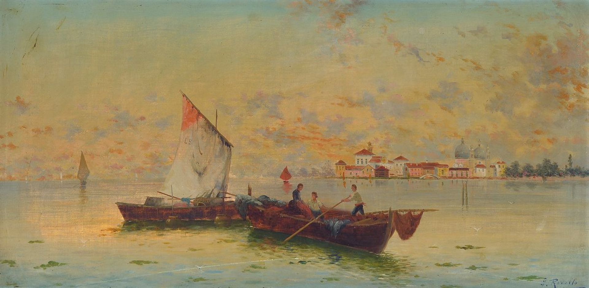 G. Rovello, italienischer Maler des 19. Jh., Fischerboote vor Venedig, Öl/Lwd, rechts unten
