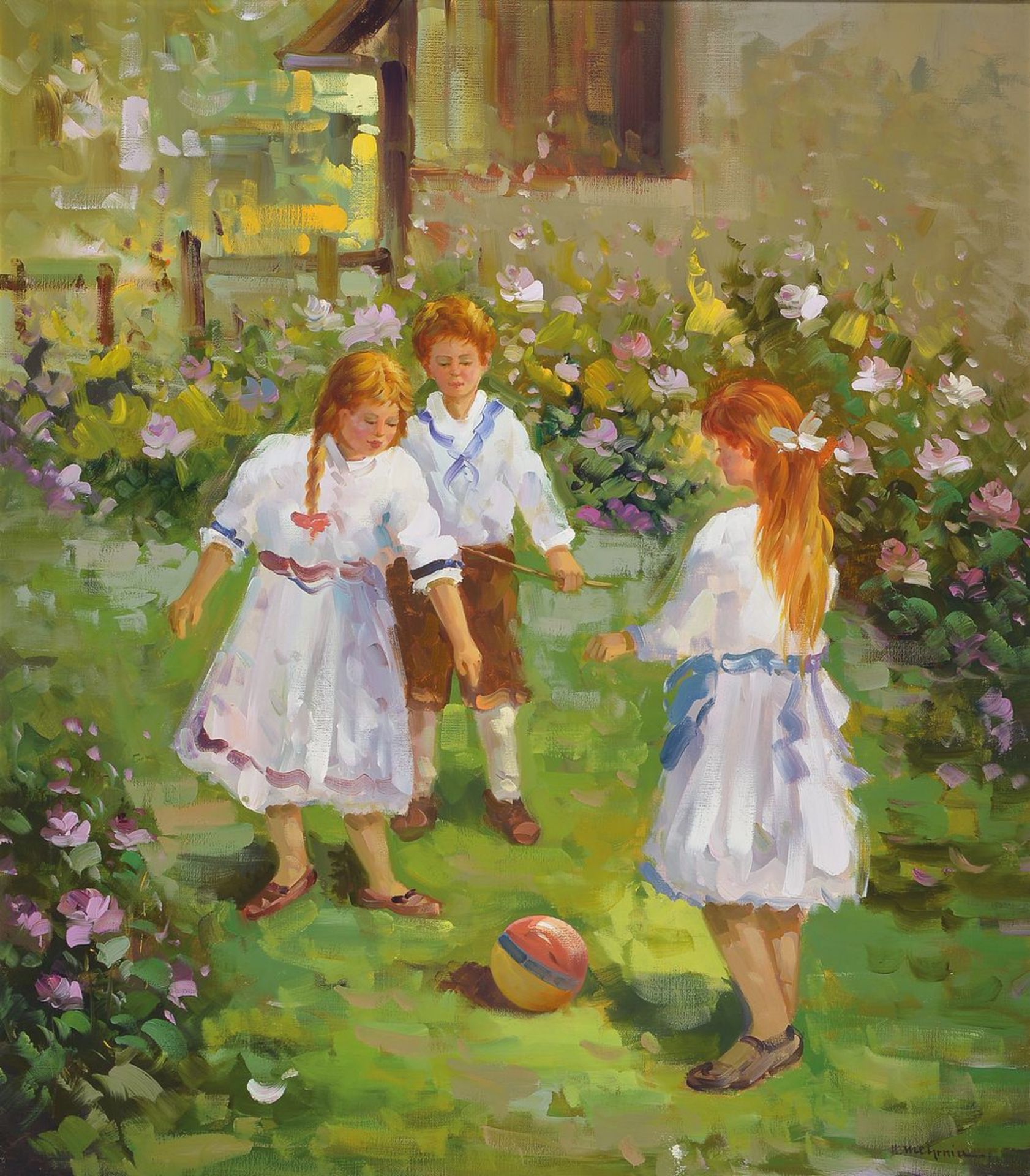 Hamid Mehrnia, geb. 1942, Kinder im Garten, Öl/Lwd, rechts unten signiert, ca. 80x70cm/92x82cm, R.