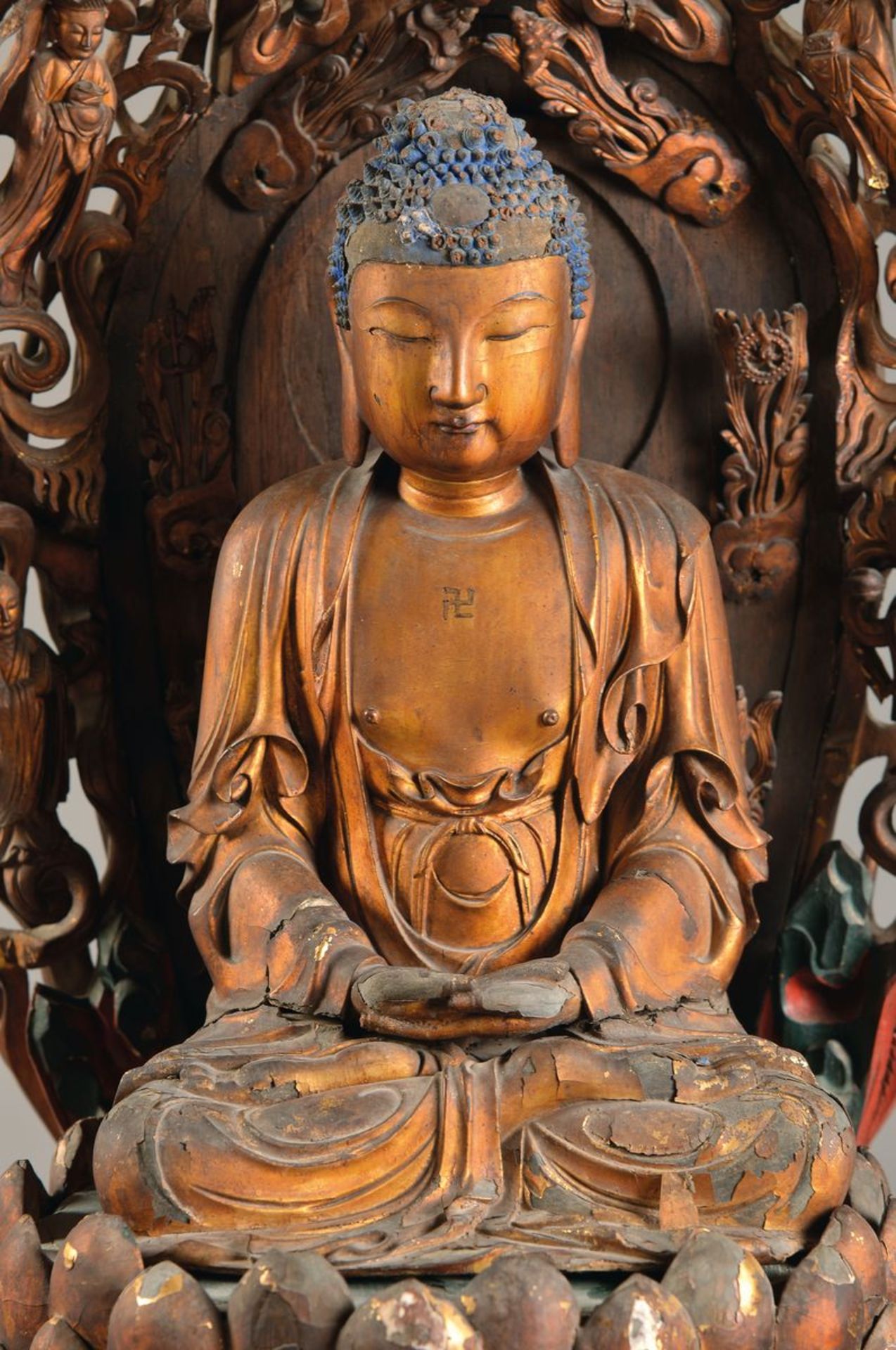 Buddha-Altar, Nepal, um 1880-1900, Holz geschnitzt, rot und schwarz gefaßt mit Goldstaffage, - Bild 4 aus 4