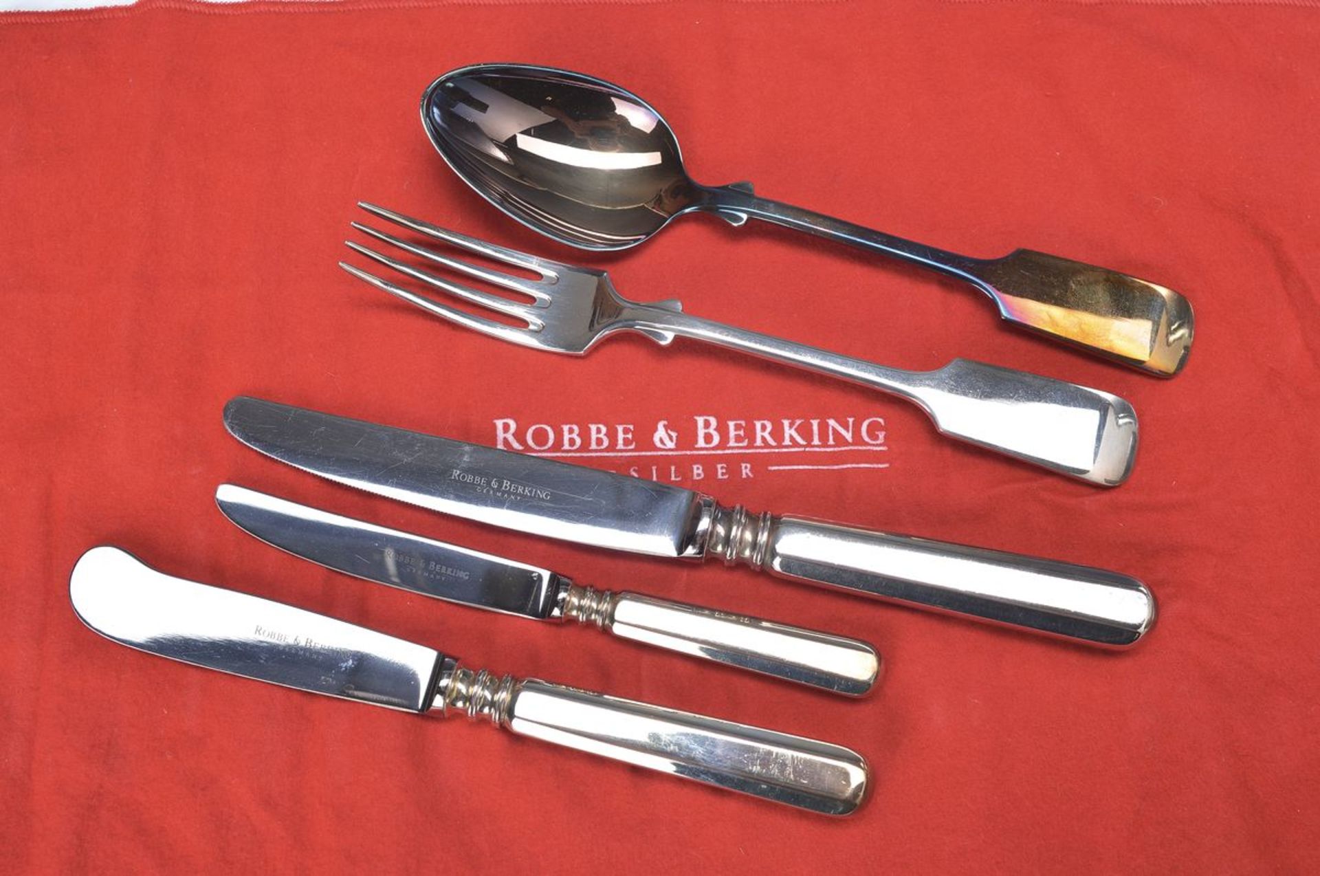 Menuebesteck für 12 Personen, Robbe & Berking, 150er Silberauflage, Spatenform, 12 Messer, 12