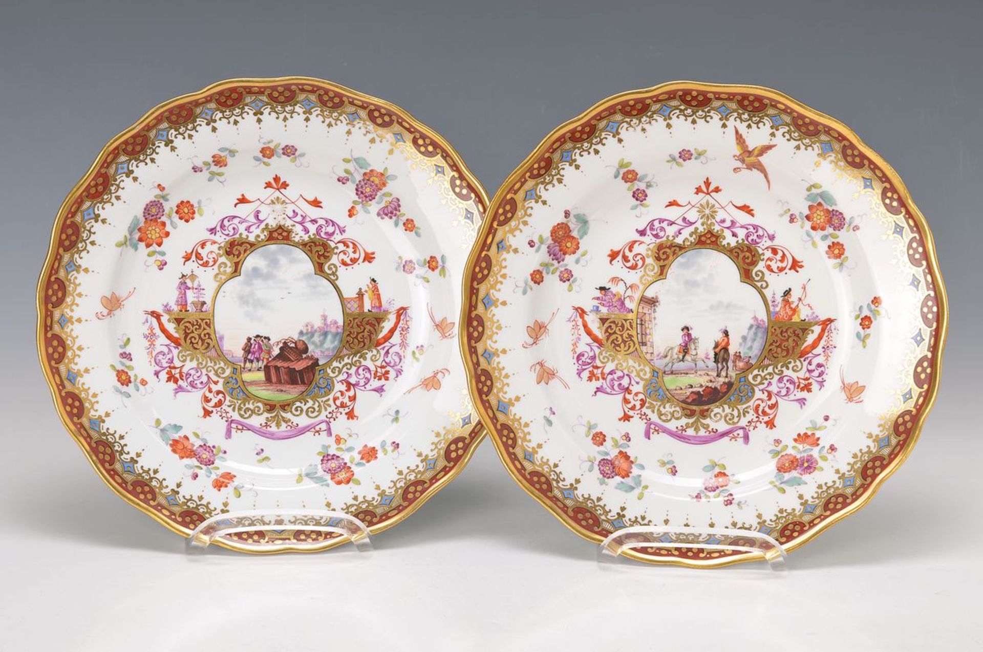 Paar Teller, Meissen, um 1860/70, nach Vorbild der Johann Gregorius Höroldt-Arbeiten um 1720/25,