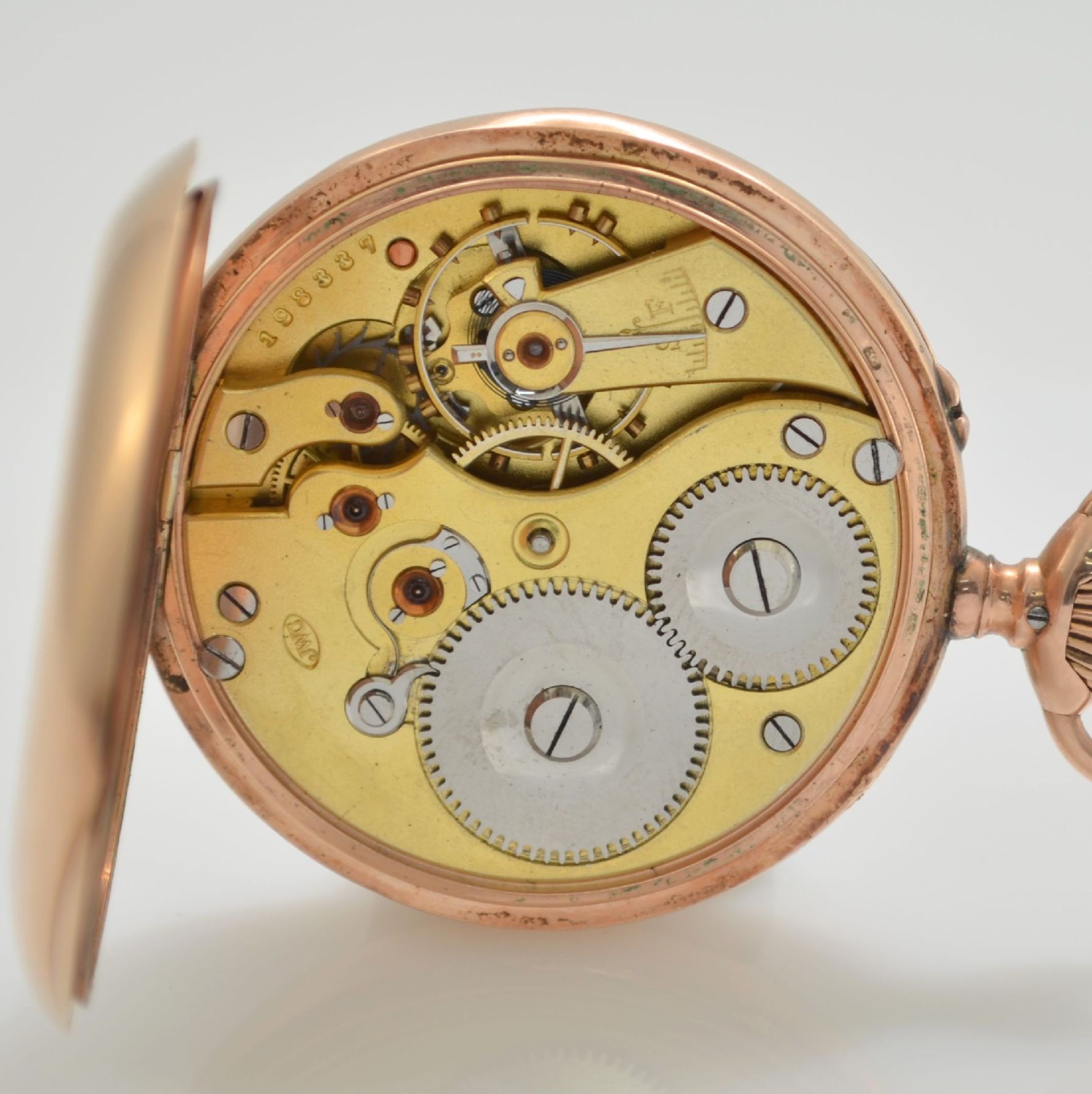 IWC offene Herrentaschenuhr in RG 585/000, Schweiz um 1898, guill. Geh. m. Monogramm- Grav. dell./ - Bild 6 aus 7