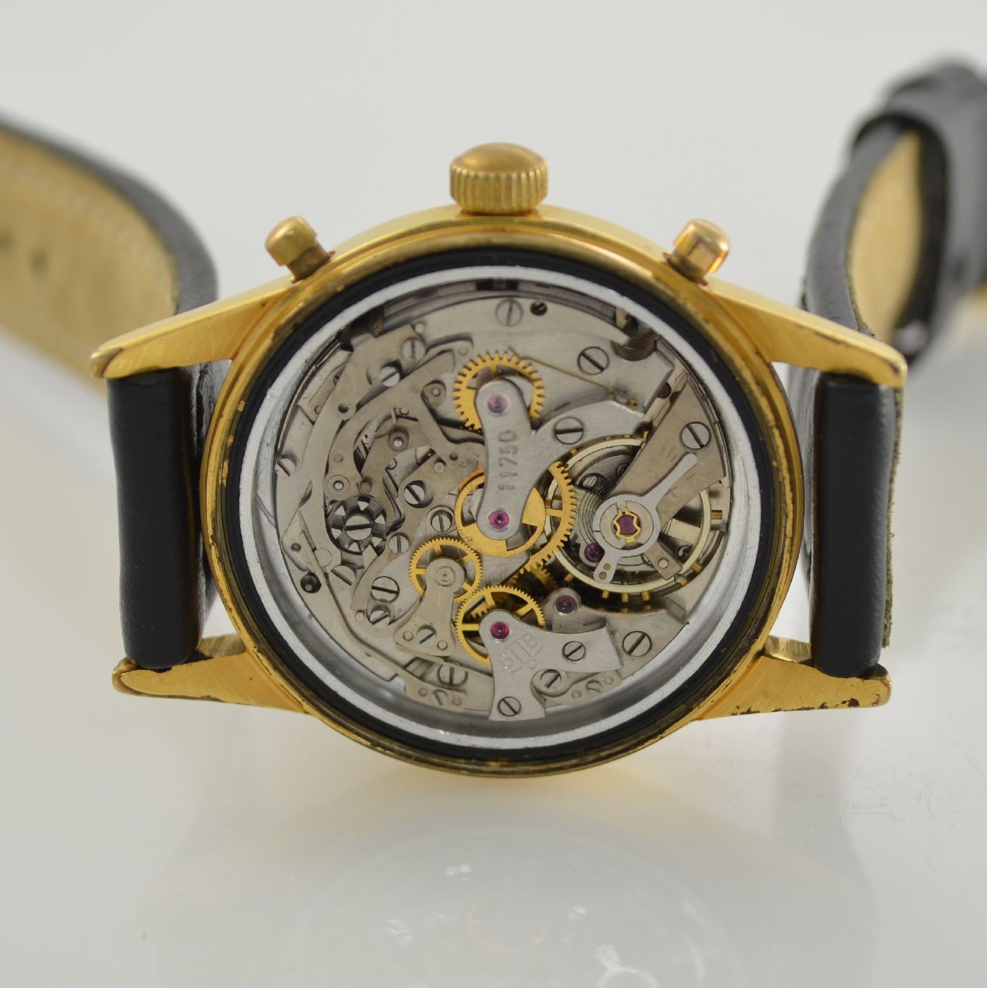 GUB Glashütte/SA Flyback-Armbandchronograph Kal. 64, DDR um 1960, Handaufzug, verg. Geh. m. verschr. - Bild 8 aus 11