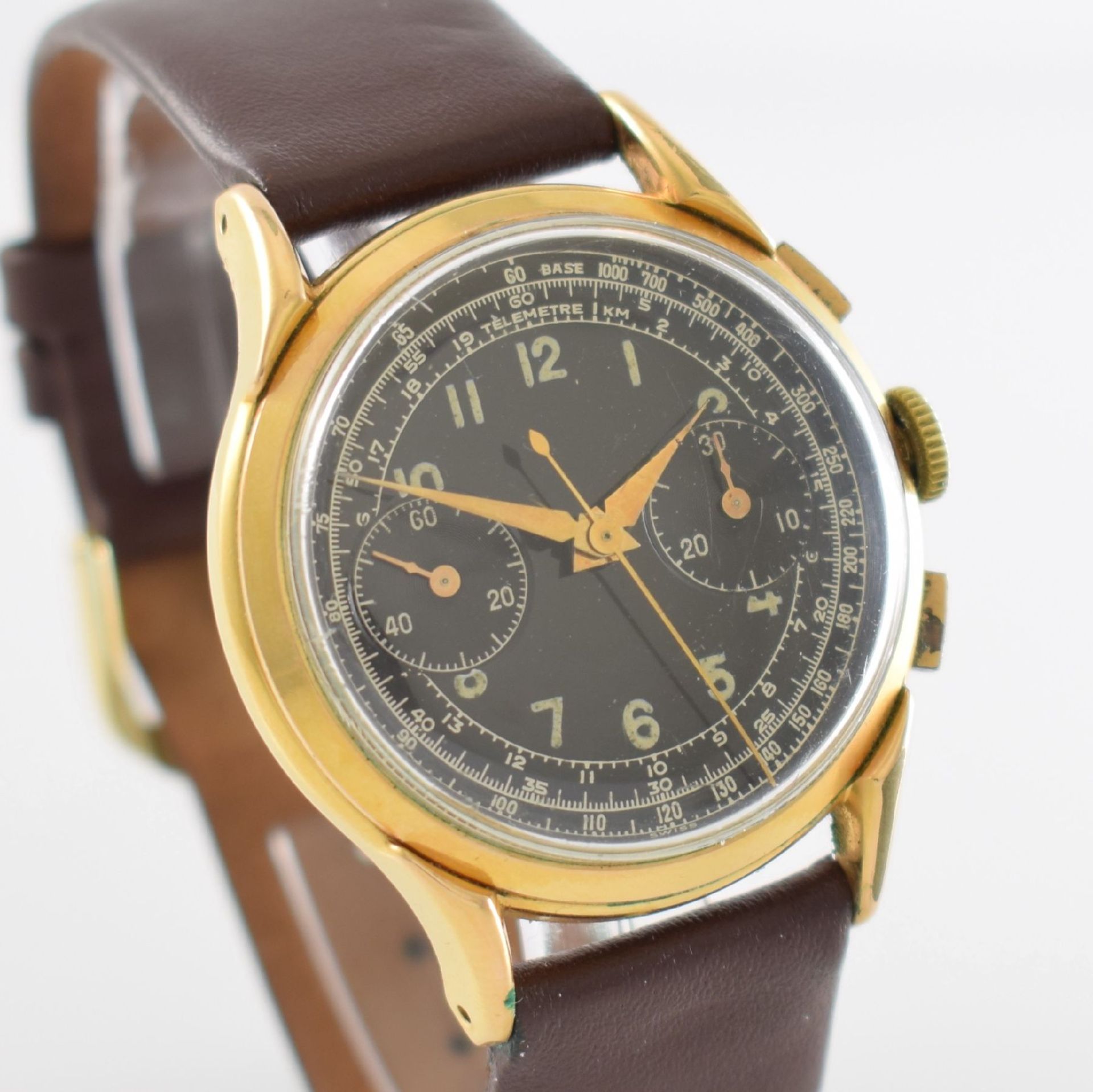 Armbandchronograph mit schwarzem Zifferblatt Kal. Landeron 54, Schweiz um 1950, Handaufzug, verg. - Bild 6 aus 8