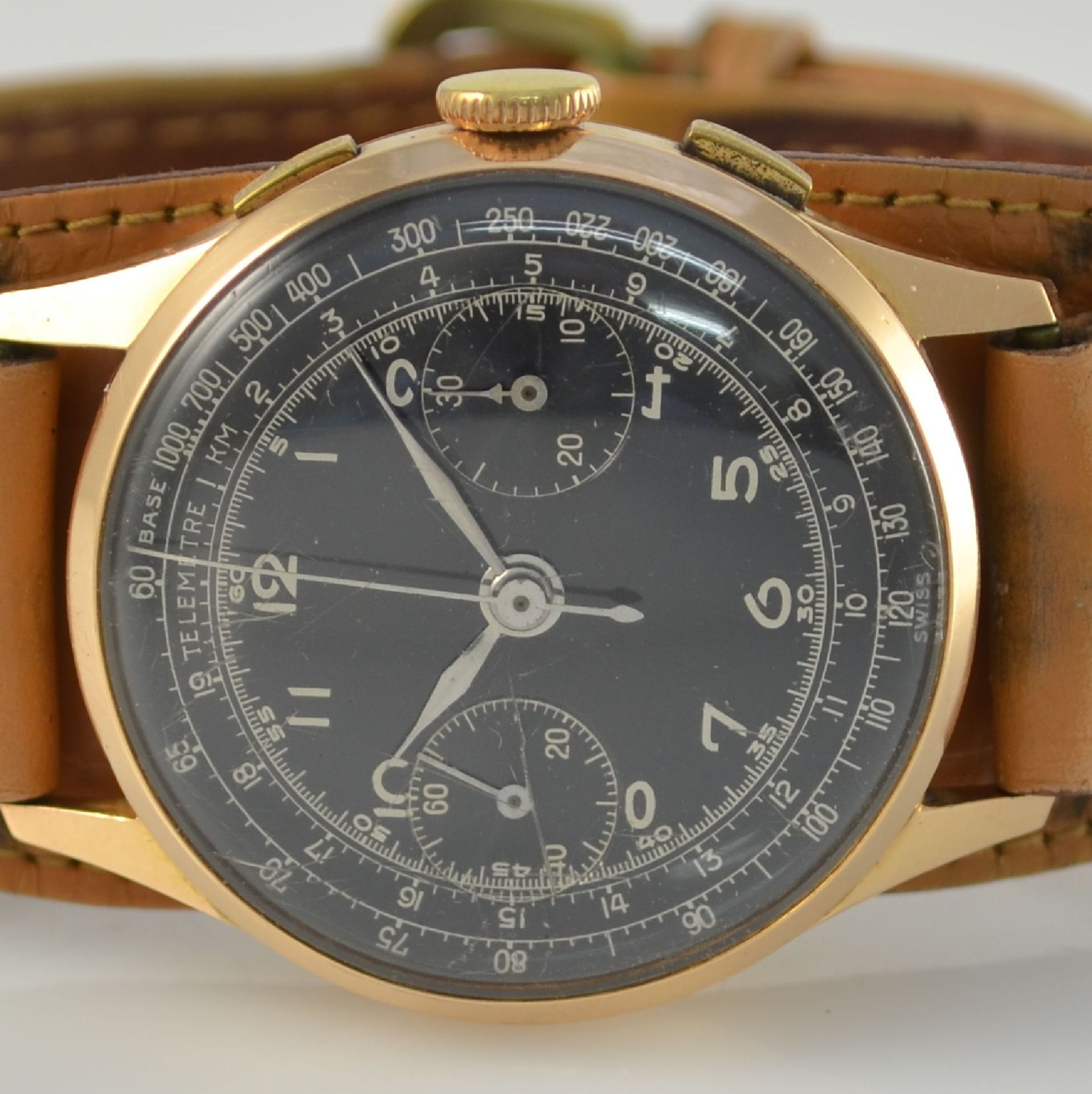 Armbandchronograph in RG 750/000, Schweiz um 1950, Handaufzug, Boden aufgedr., schwarzes Zifferbl. - Bild 2 aus 11