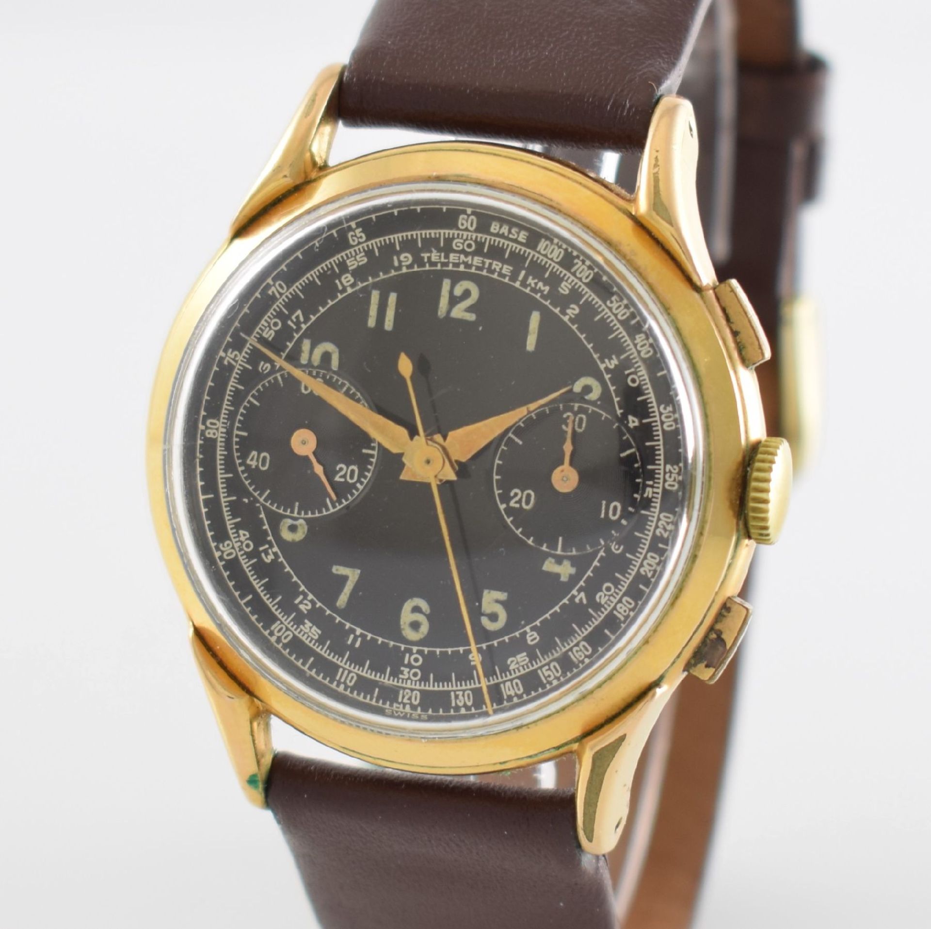 Armbandchronograph mit schwarzem Zifferblatt Kal. Landeron 54, Schweiz um 1950, Handaufzug, verg. - Bild 4 aus 8