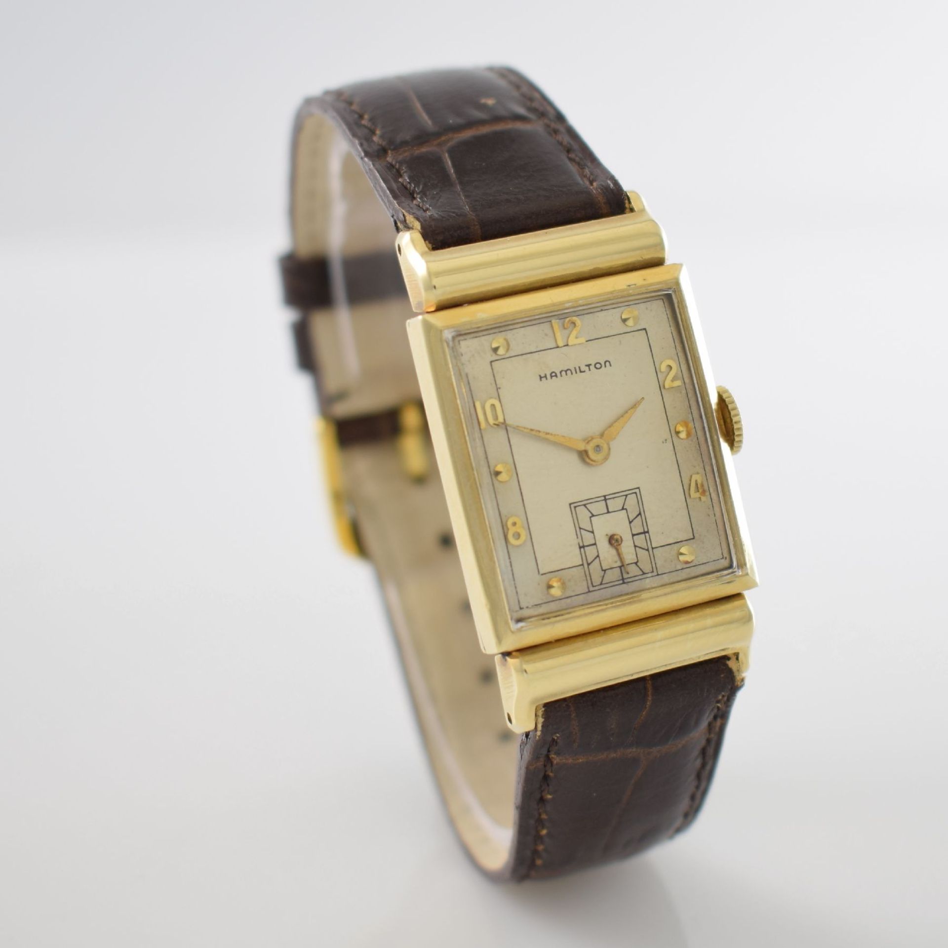 HAMILTON rechteckige Herrenarmbanduhr in GG 585/000, USA um 1948, Handaufzug, 2-tlg. Geh., - Bild 5 aus 11