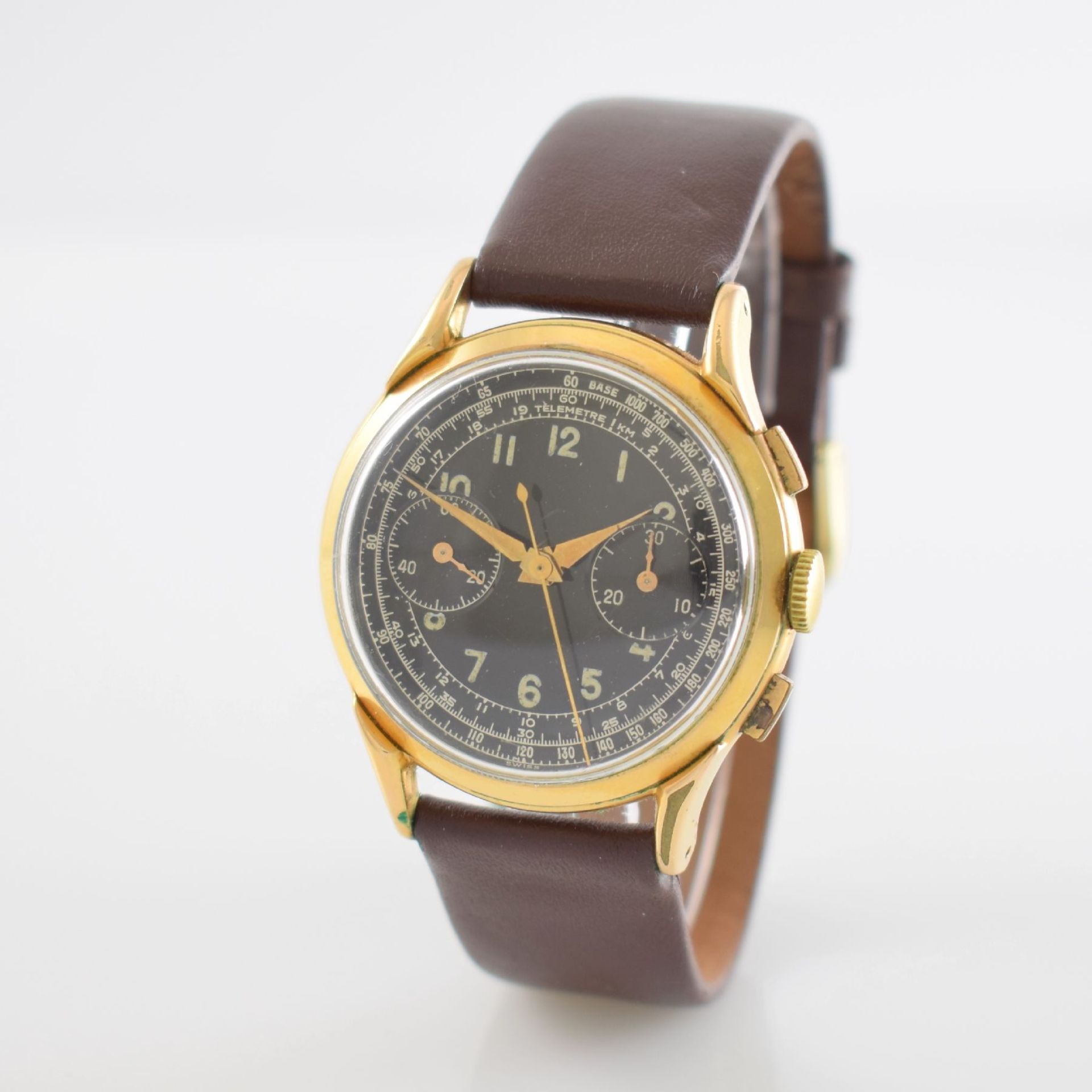 Armbandchronograph mit schwarzem Zifferblatt Kal. Landeron 54, Schweiz um 1950, Handaufzug, verg. - Bild 3 aus 8
