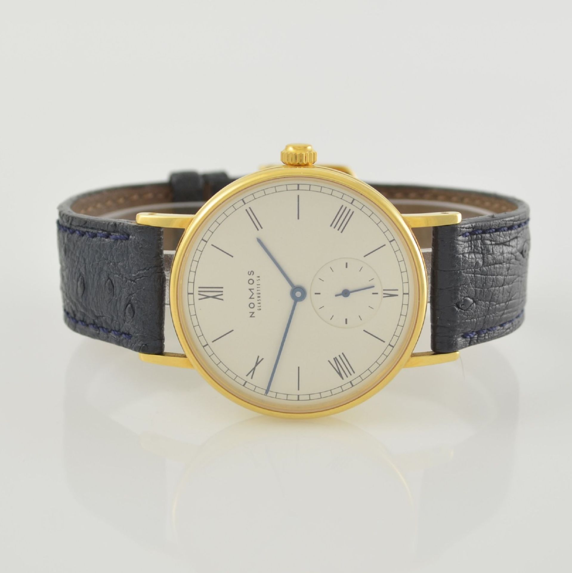 NOMOS Ludwig Herrenarmbanduhr in 750/000 GG, Deutschland um 2005, Handaufzug, Monocoque- Gehäuse,