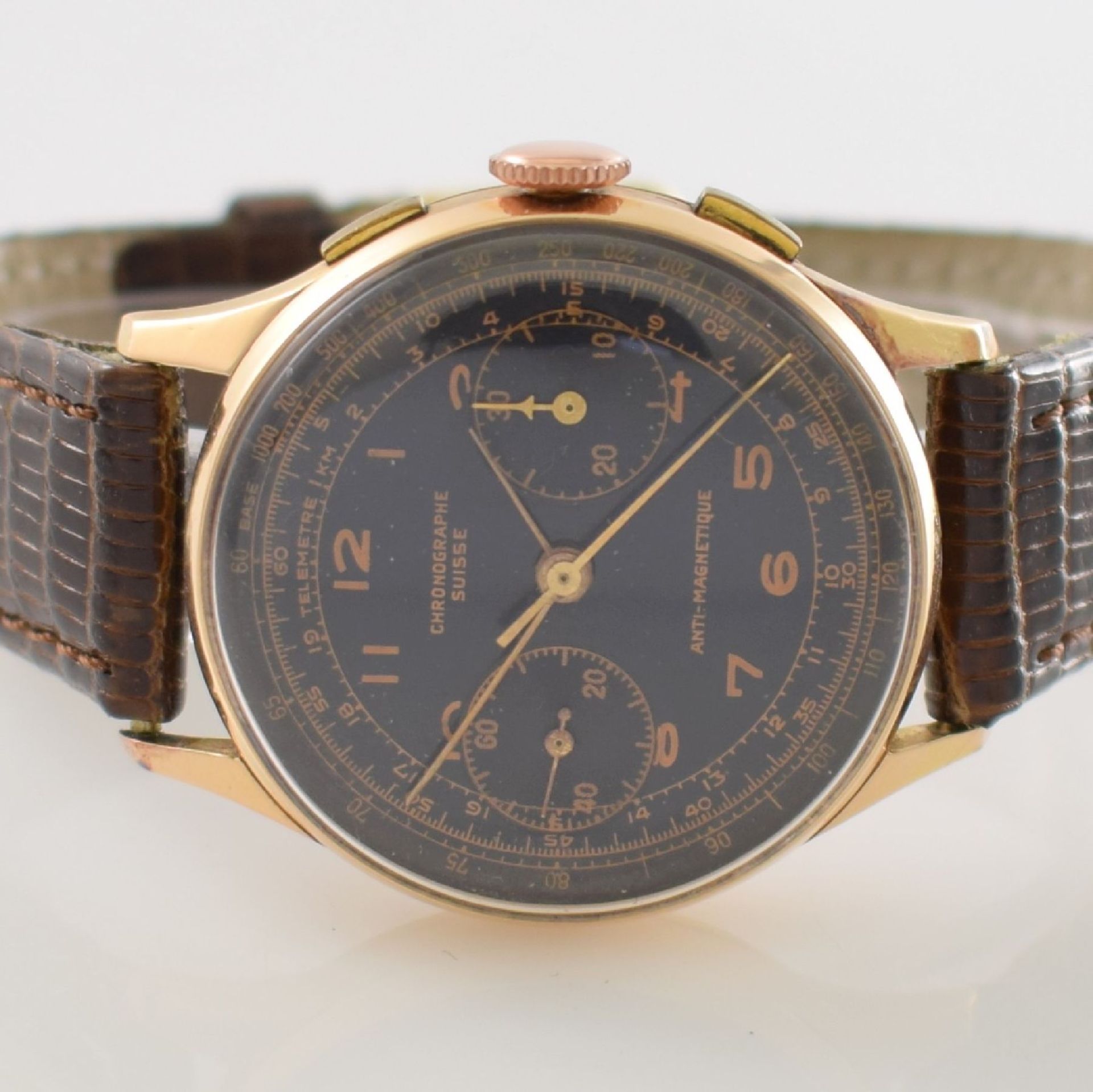 CHRONOGRAPHE SUISSE Herrenarmbanduhr mit Chronograph in RG 750/000, Schweiz um 1950, Gehäuse l. - Bild 2 aus 9