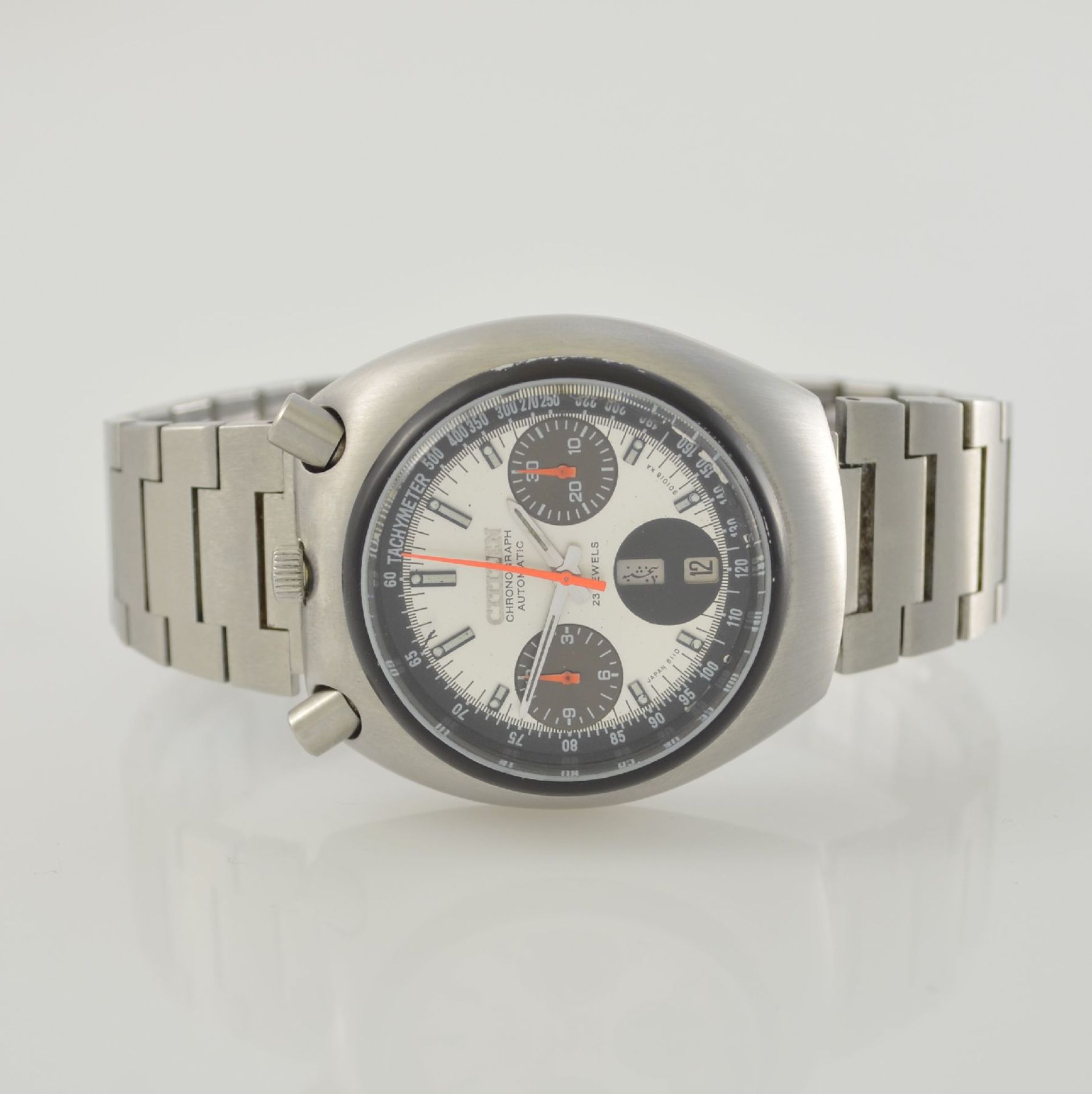 CITIZEN "Bullhead" Herrenarmbanduhr mit Chronograph in Stahl/Stahlband, Japan um 1975, Automatik,