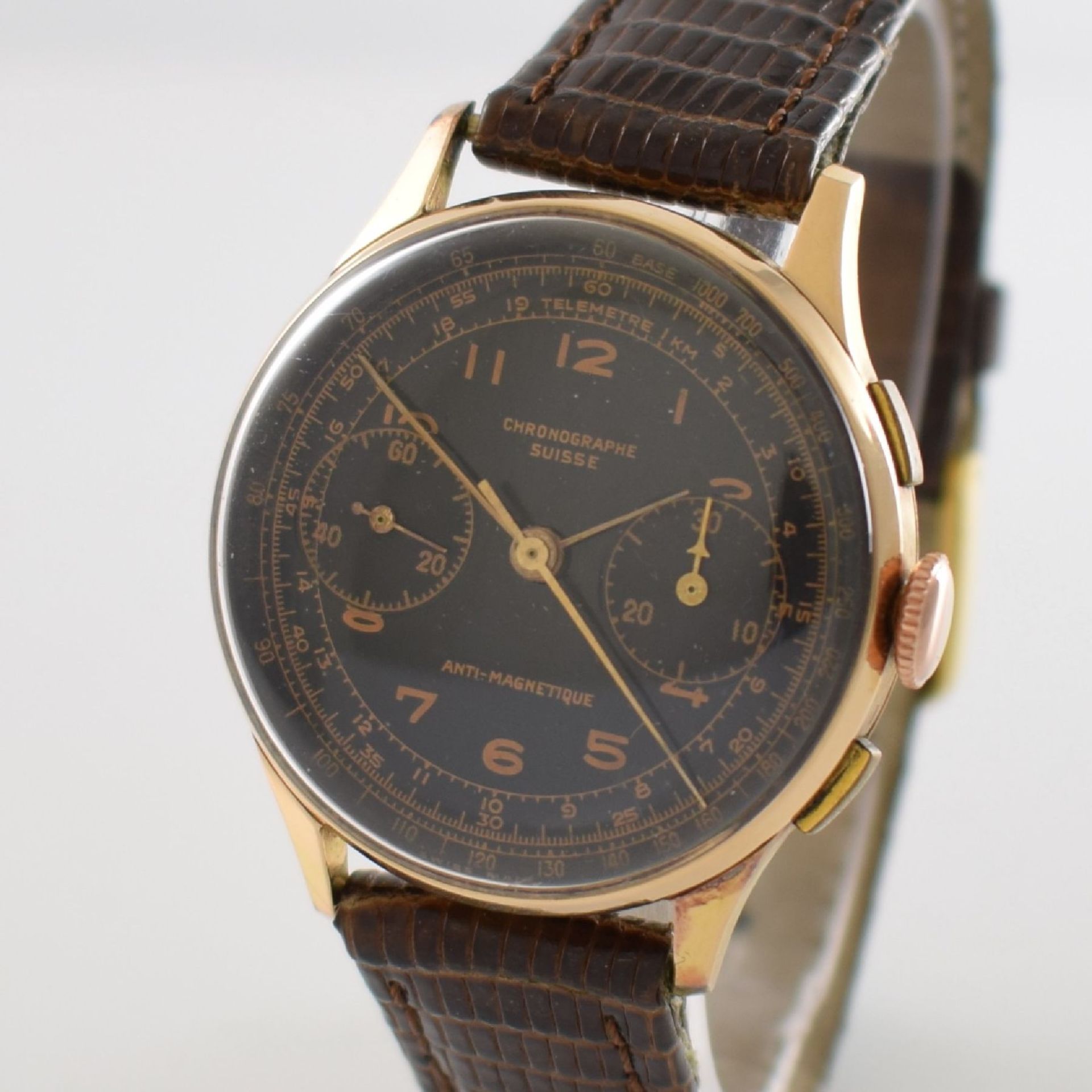 CHRONOGRAPHE SUISSE Herrenarmbanduhr mit Chronograph in RG 750/000, Schweiz um 1950, Gehäuse l. - Bild 4 aus 9