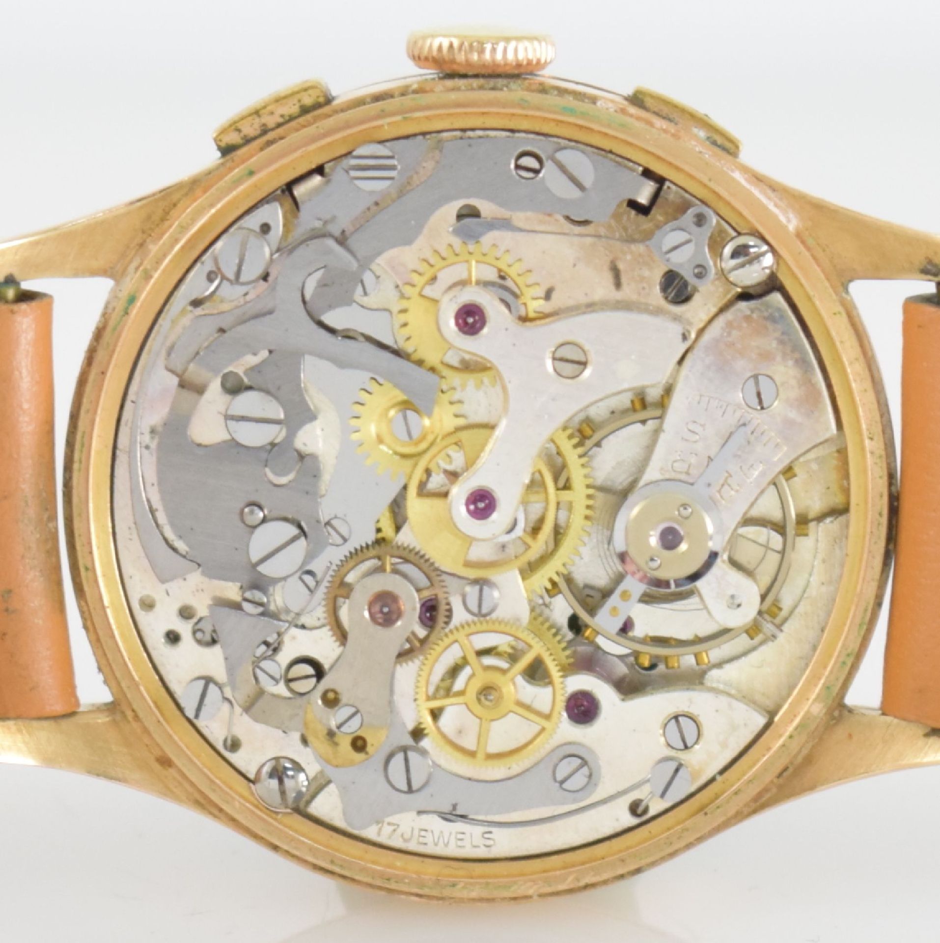 Armbandchronograph in RG 750/000, Schweiz um 1950, Handaufzug, Boden aufgedr., schwarzes Zifferbl. - Bild 9 aus 11