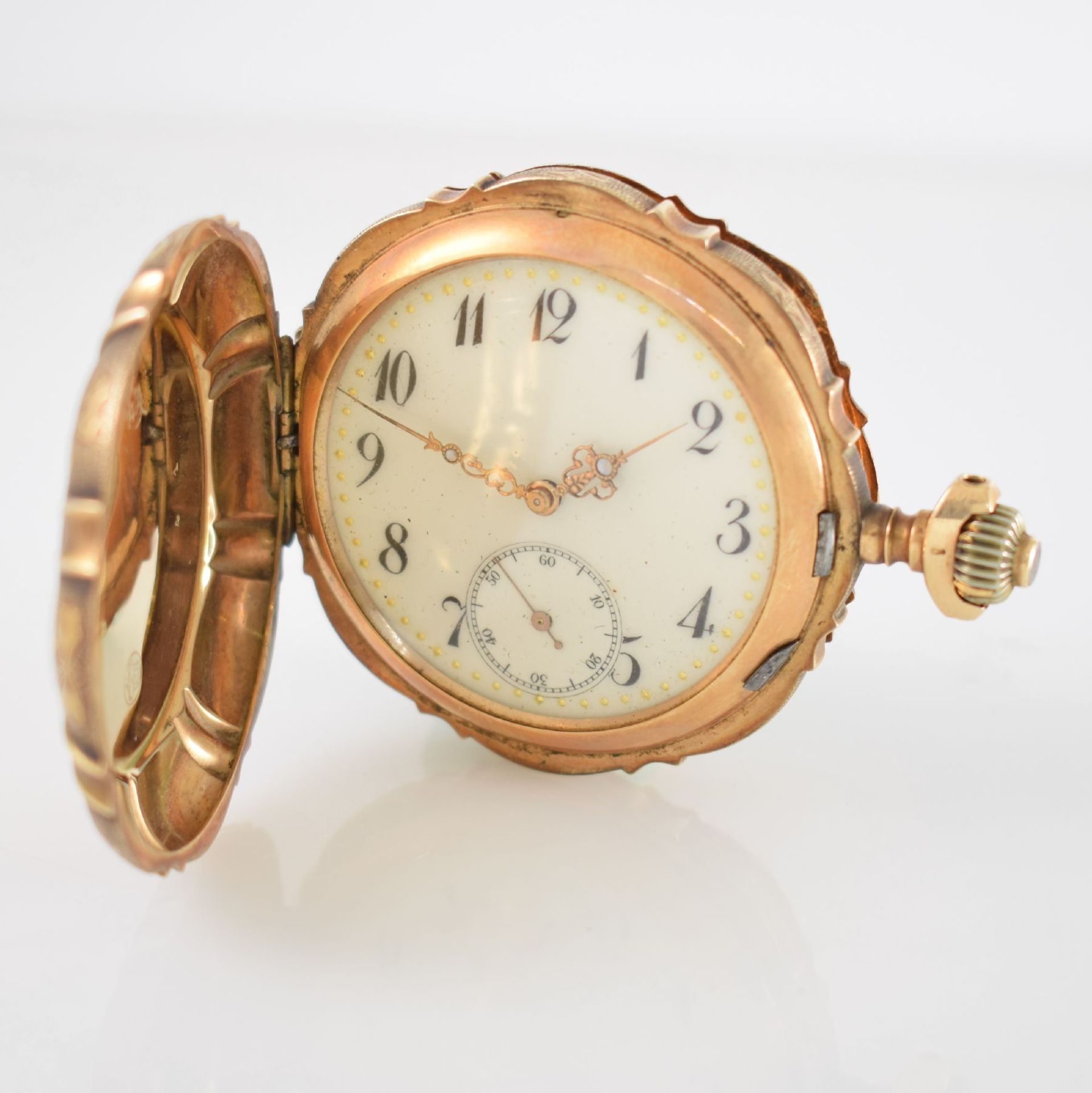 JACCOTTET Watch Co. Savonette in RG 585/000, Schweiz um 1900, aufw. floral dekoriertes Geh., G-