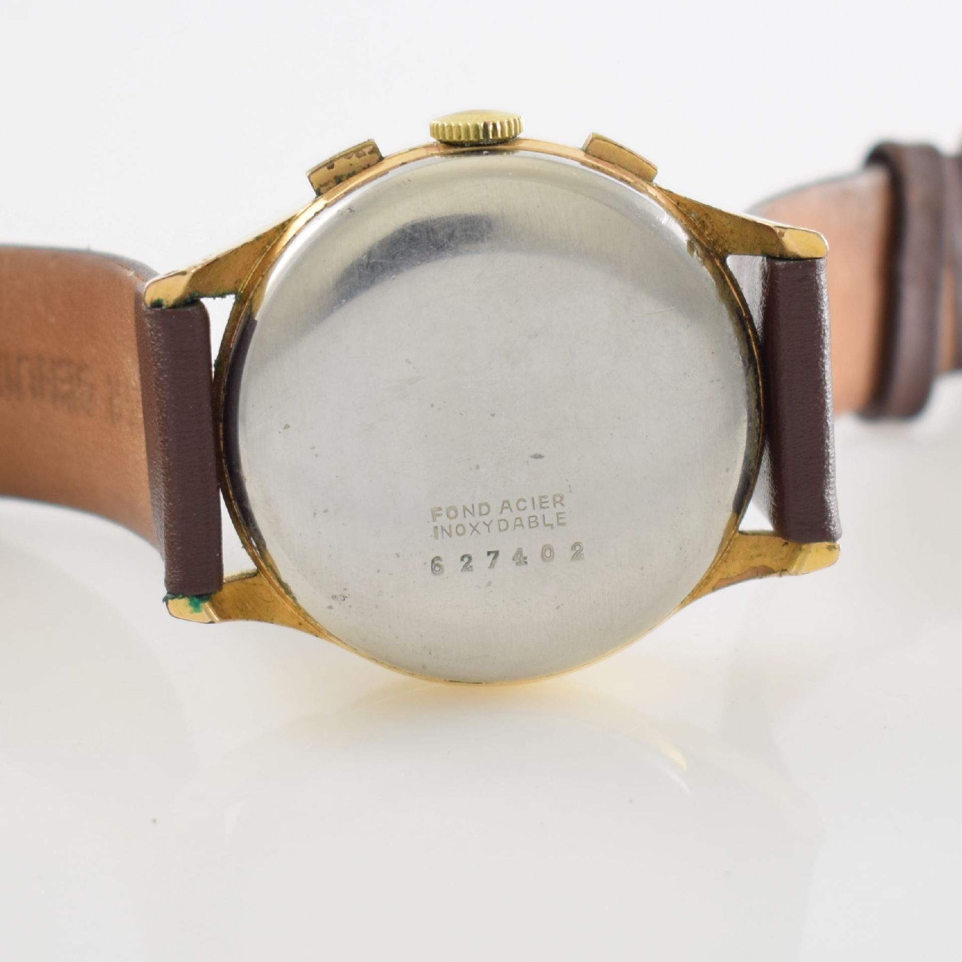 Armbandchronograph mit schwarzem Zifferblatt Kal. Landeron 54, Schweiz um 1950, Handaufzug, verg. - Bild 7 aus 8