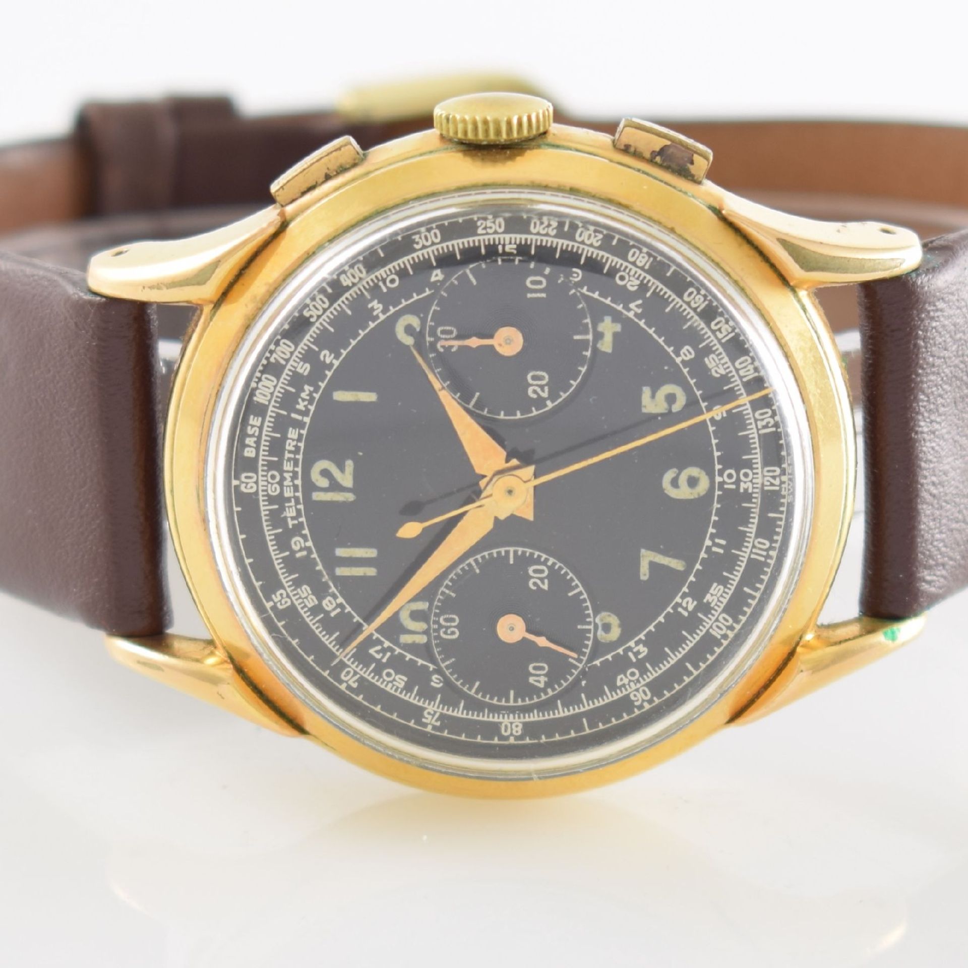 Armbandchronograph mit schwarzem Zifferblatt Kal. Landeron 54, Schweiz um 1950, Handaufzug, verg. - Bild 2 aus 8