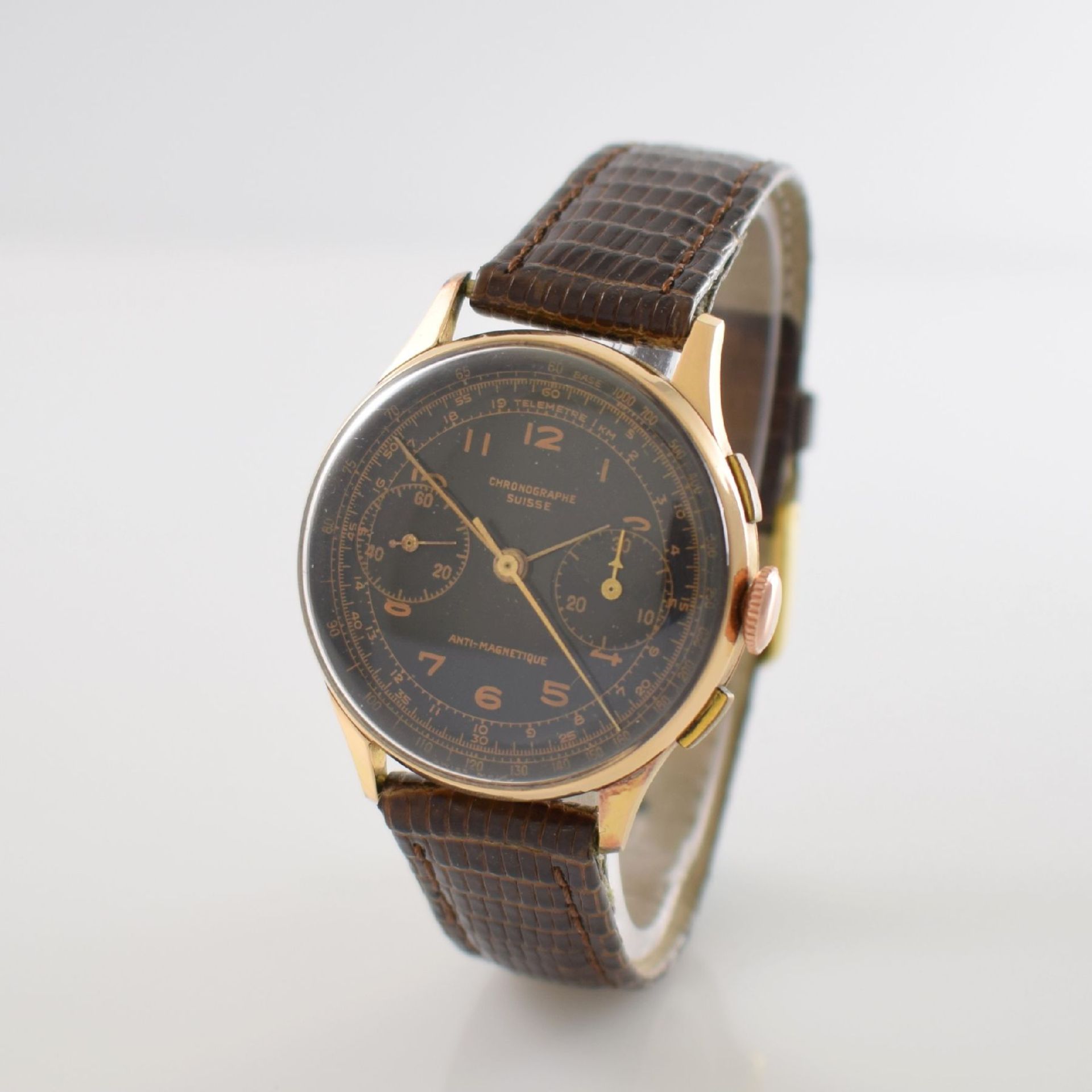 CHRONOGRAPHE SUISSE Herrenarmbanduhr mit Chronograph in RG 750/000, Schweiz um 1950, Gehäuse l. - Bild 3 aus 9