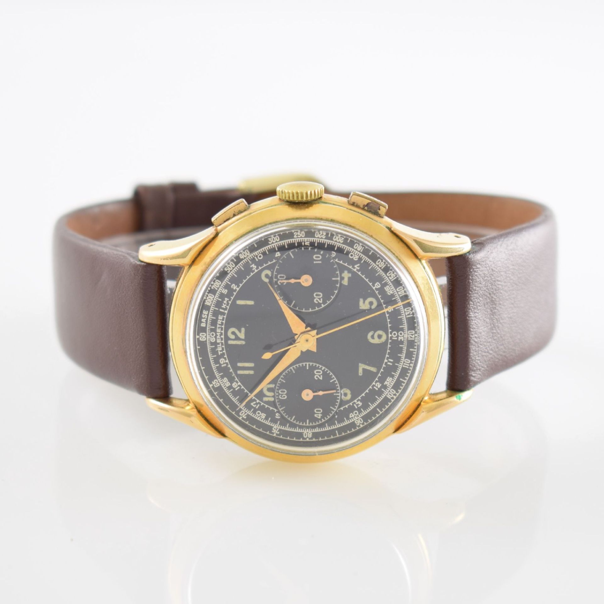 Armbandchronograph mit schwarzem Zifferblatt Kal. Landeron 54, Schweiz um 1950, Handaufzug, verg.