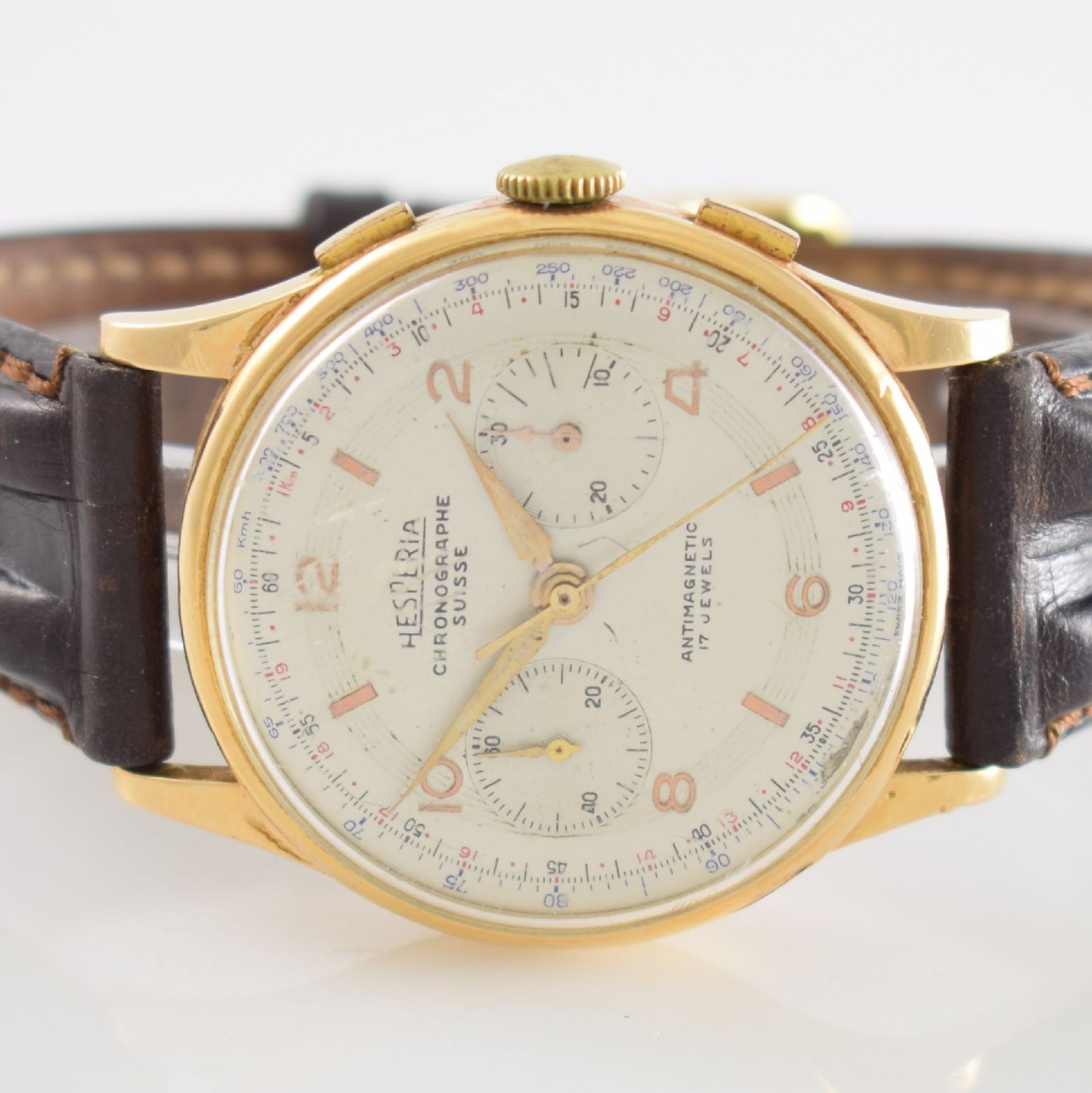 HESPERIA/CHRONOGRAPHE SUISSE Armbandchronograph in RoseG 585/000, Handaufzug, Schweiz um 1945, 3- - Bild 2 aus 10