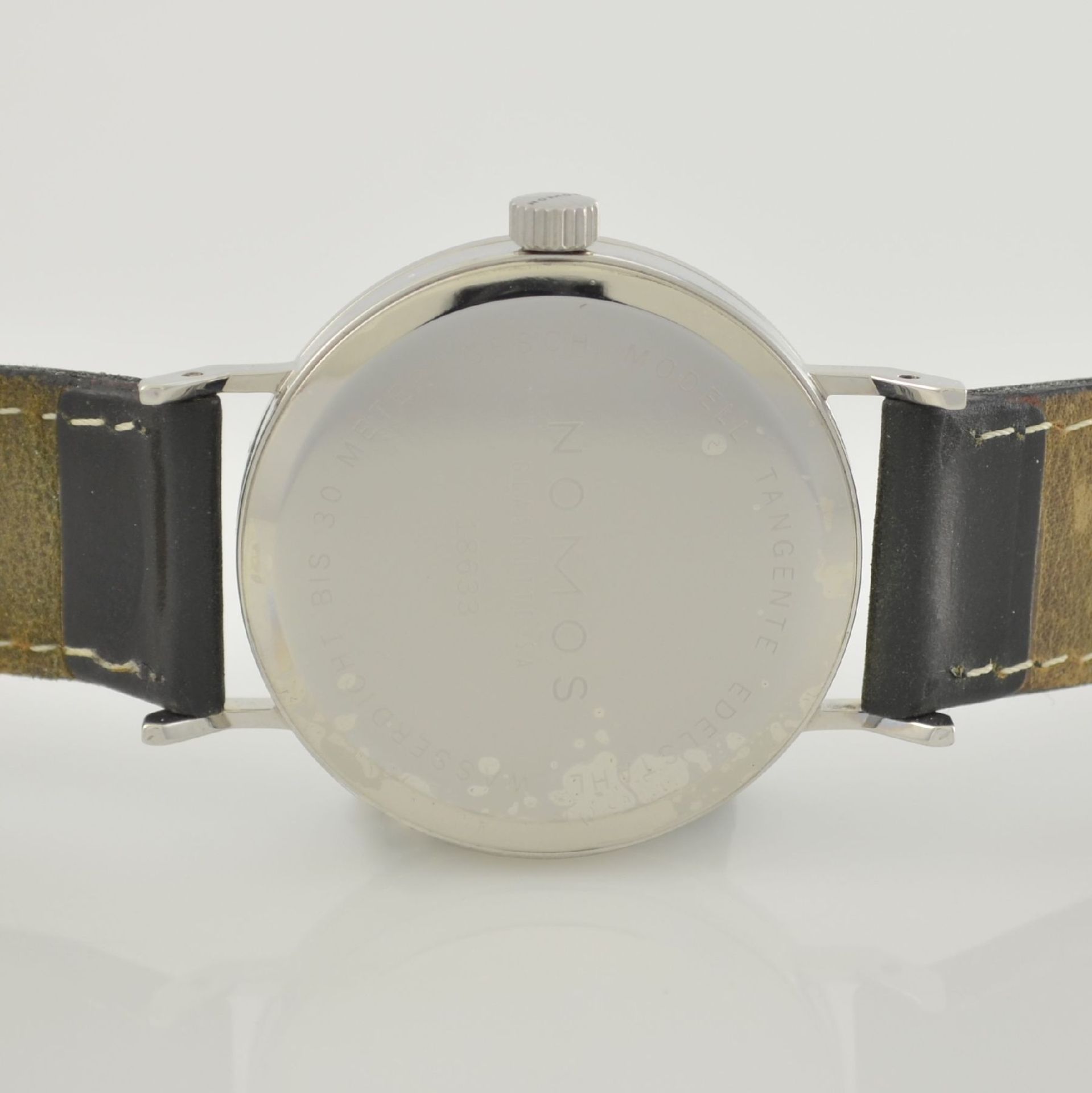 NOMOS Tangente Herrenarmbanduhr, Deutschland um 2010, Handaufzug, Edelstahlgehäuse, Boden - Bild 6 aus 6