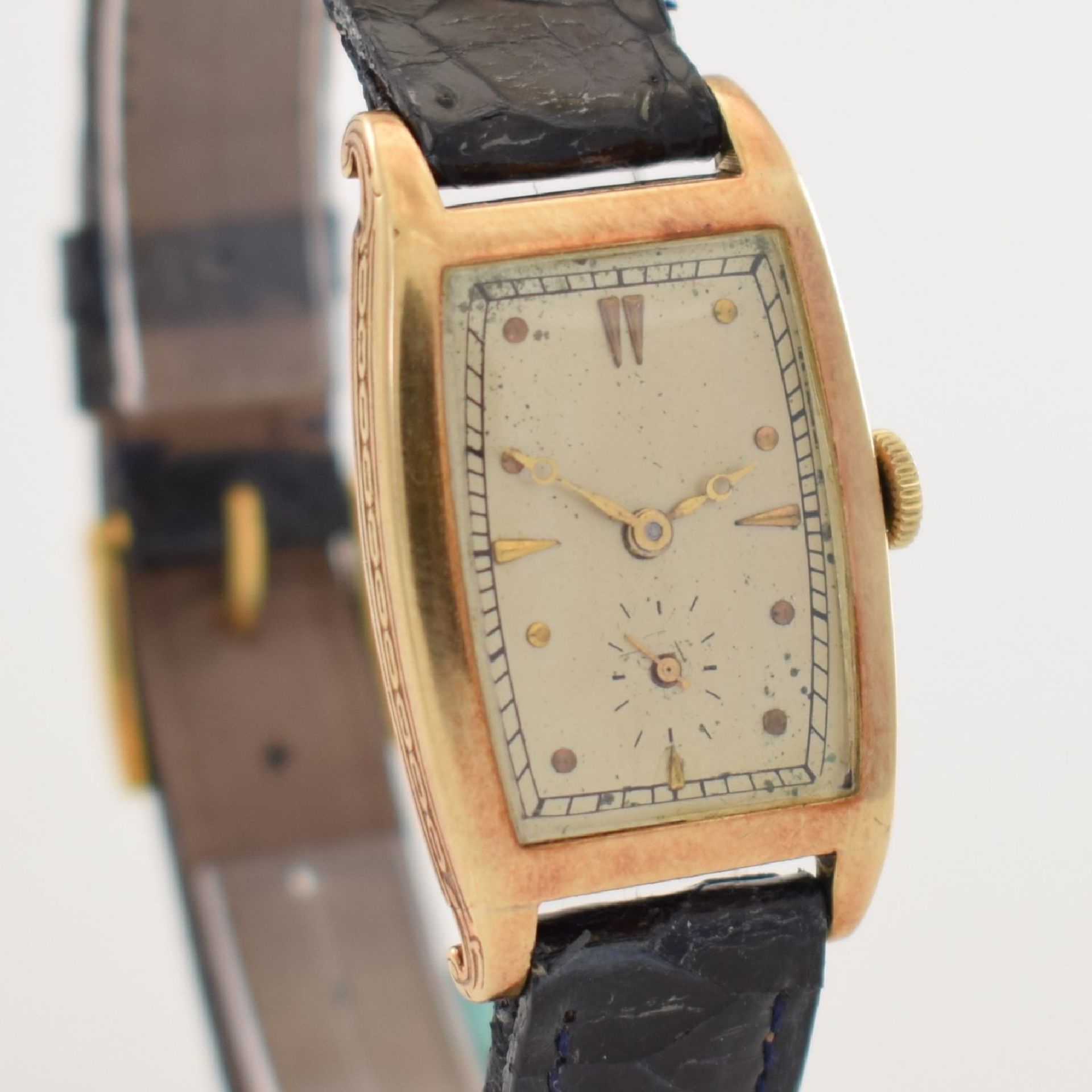 IWC seltene tonneau-förmige Armbanduhr in GG 585/000, Schweiz um 1924, Scharniergeh. m. seitl. - Bild 6 aus 11