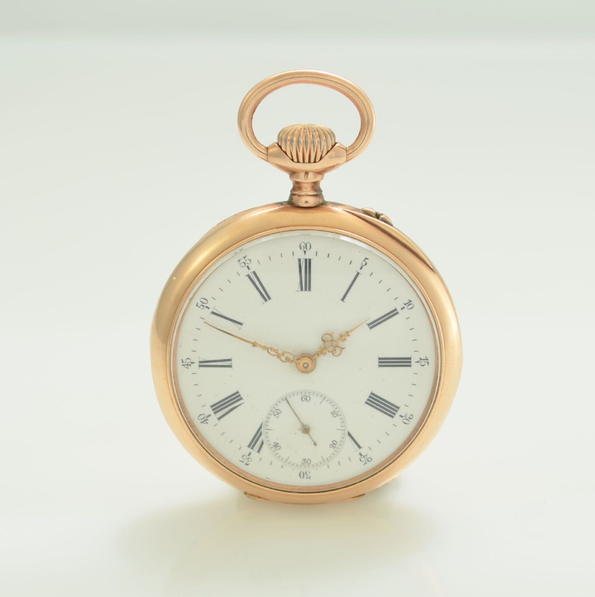 IWC offene Herrentaschenuhr in RG 585/000, Schweiz um 1898, guill. Geh. m. Monogramm- Grav. dell./