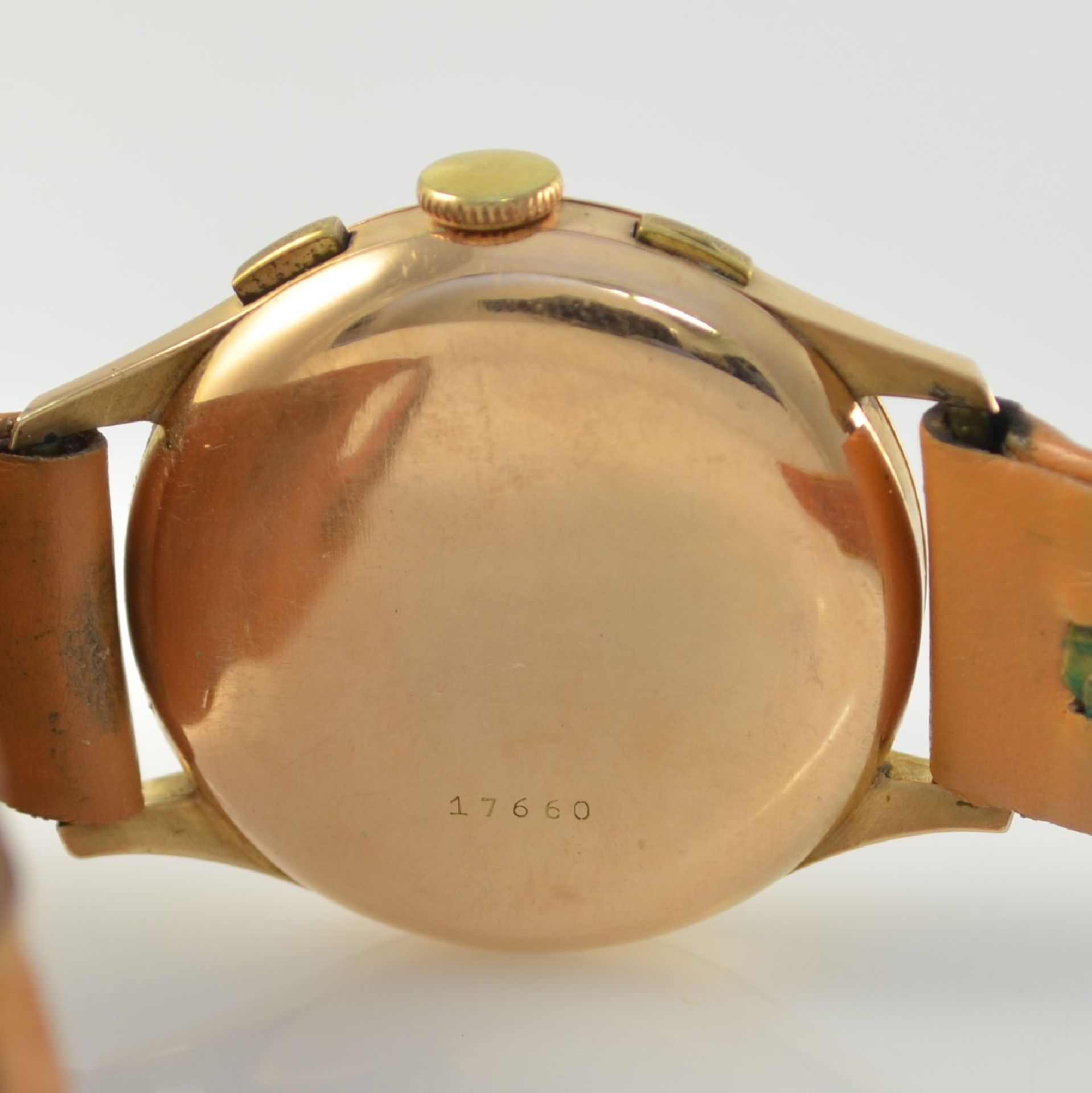 Armbandchronograph in RG 750/000, Schweiz um 1950, Handaufzug, Boden aufgedr., schwarzes Zifferbl. - Bild 6 aus 11