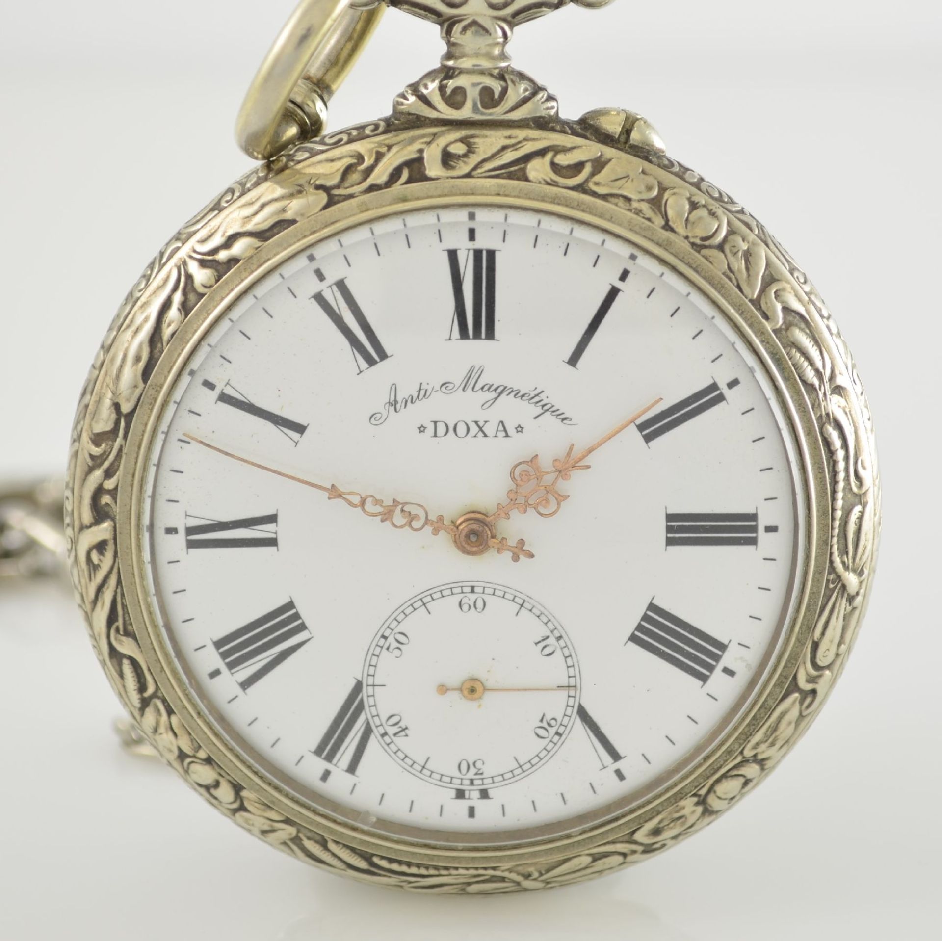 DOXA große offene Taschenuhr Schweiz um 1905, 2-tlg. Geh. in Nickel, aufw. floral verz., Rücks. m. - Bild 2 aus 10