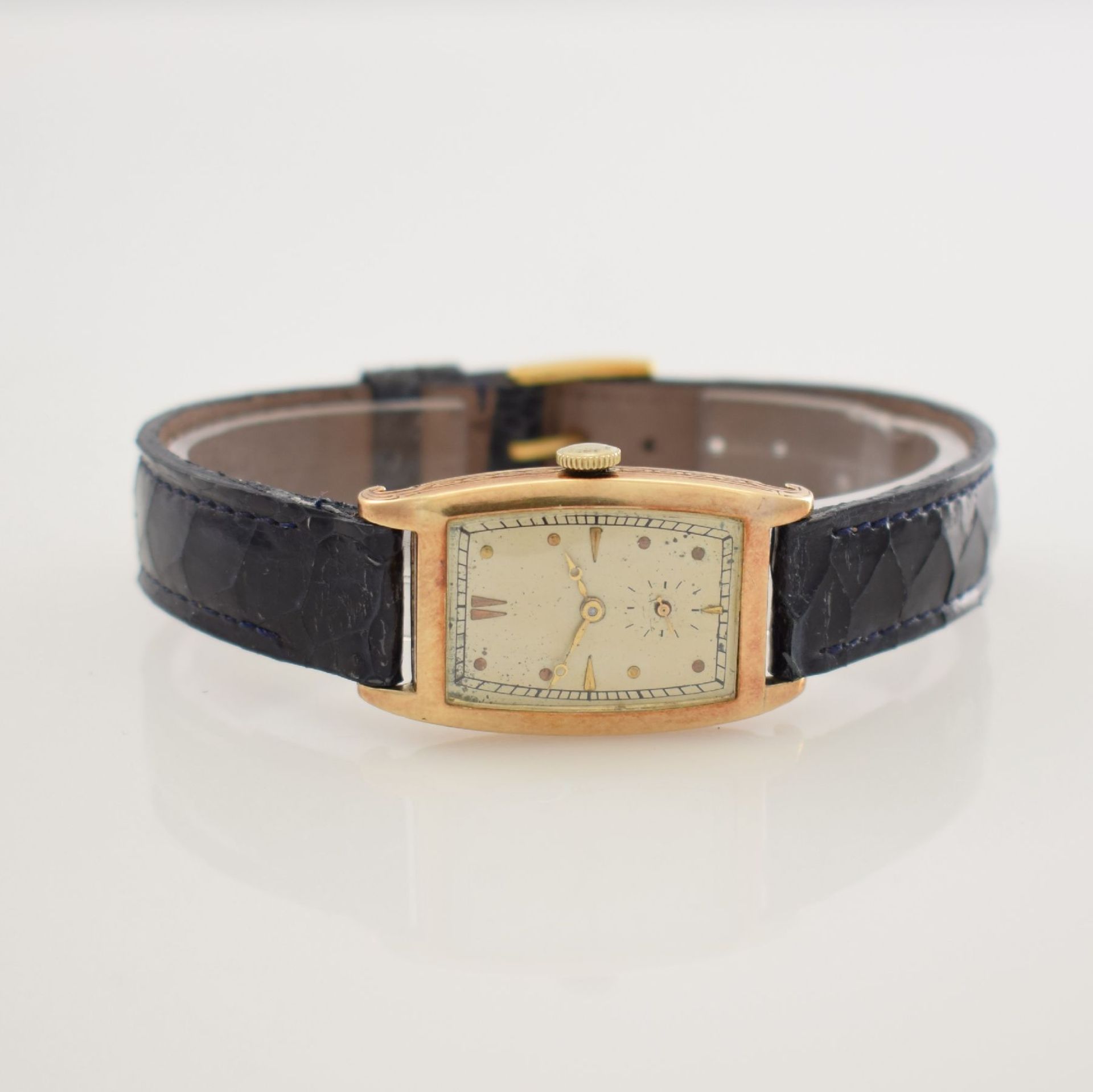 IWC seltene tonneau-förmige Armbanduhr in GG 585/000, Schweiz um 1924, Scharniergeh. m. seitl.