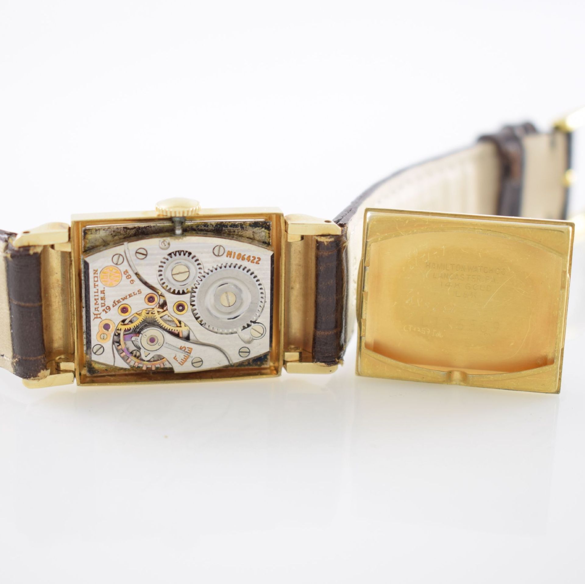 HAMILTON rechteckige Herrenarmbanduhr in GG 585/000, USA um 1948, Handaufzug, 2-tlg. Geh., - Bild 8 aus 11