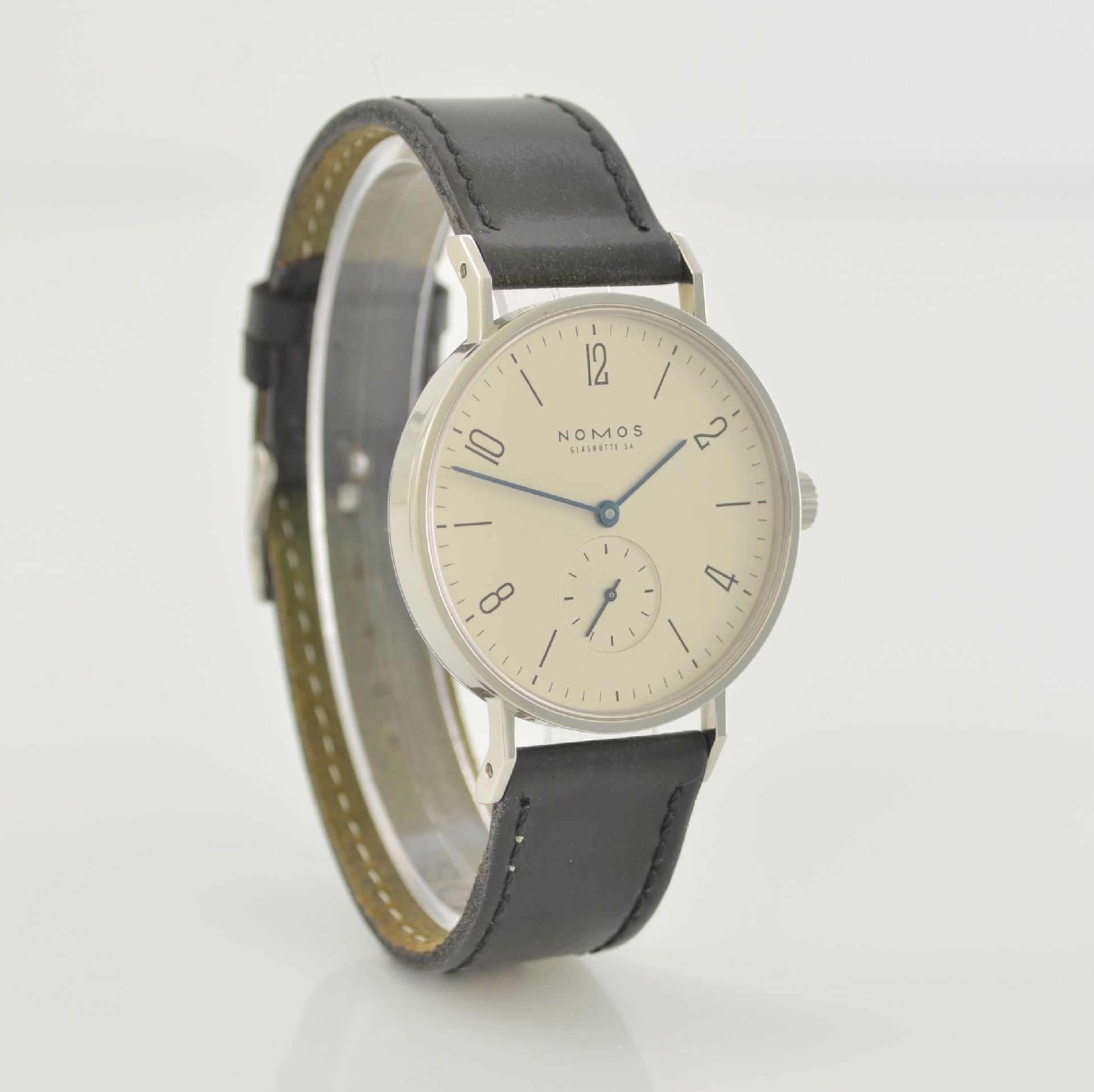 NOMOS Tangente Herrenarmbanduhr, Deutschland um 2010, Handaufzug, Edelstahlgehäuse, Boden - Bild 4 aus 6