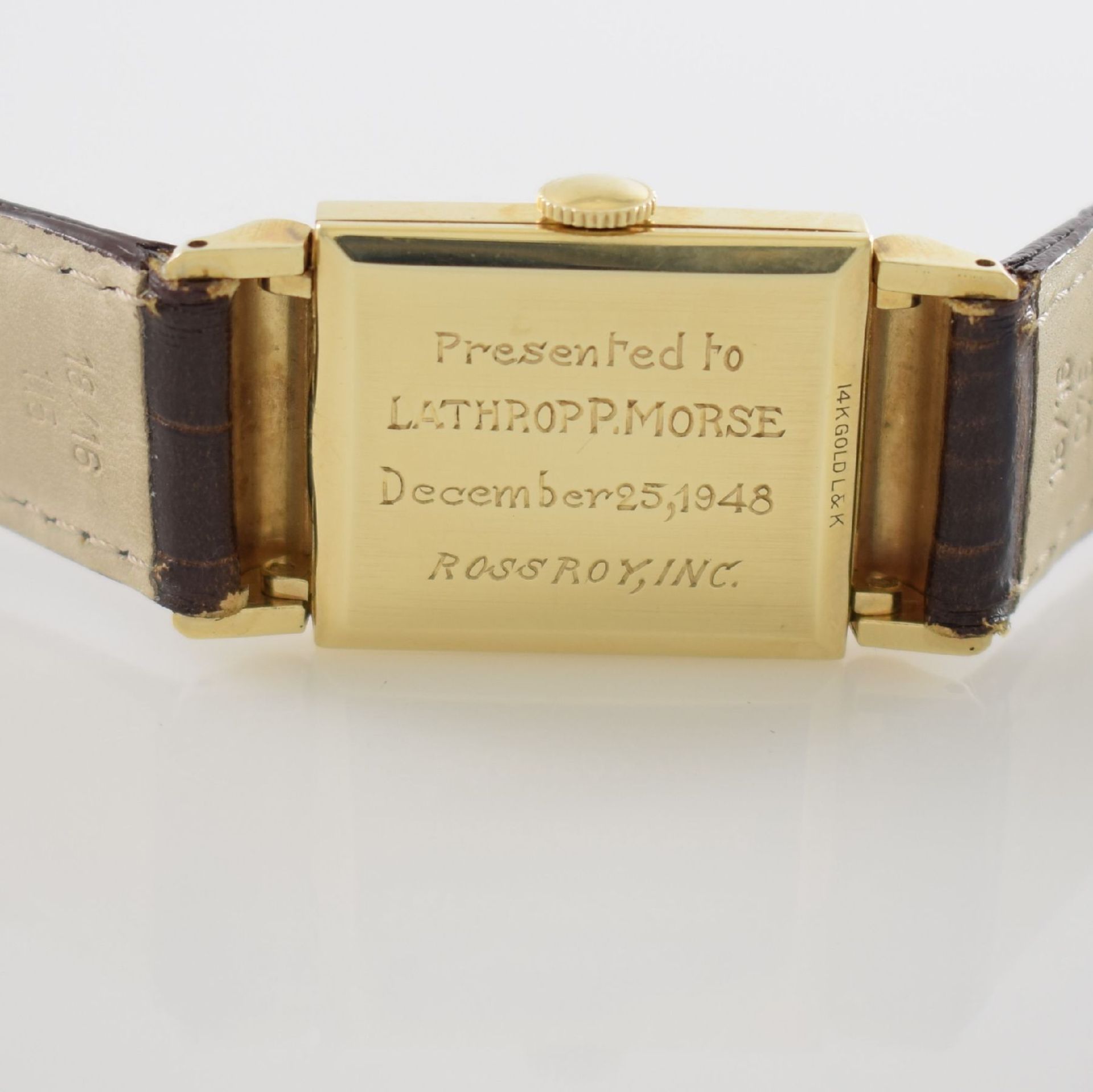 HAMILTON rechteckige Herrenarmbanduhr in GG 585/000, USA um 1948, Handaufzug, 2-tlg. Geh., - Bild 7 aus 11