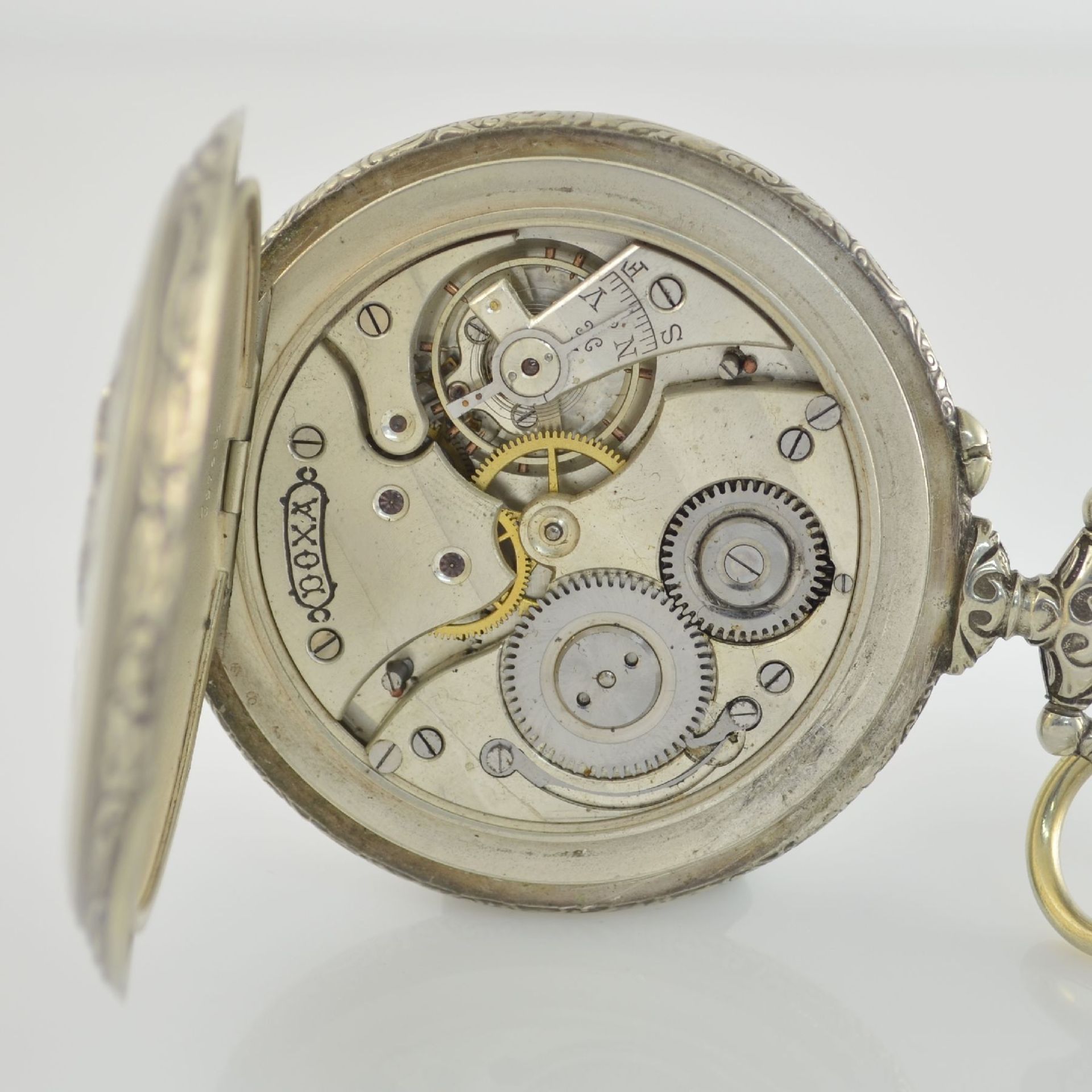 DOXA große offene Taschenuhr Schweiz um 1905, 2-tlg. Geh. in Nickel, aufw. floral verz., Rücks. m. - Bild 6 aus 10