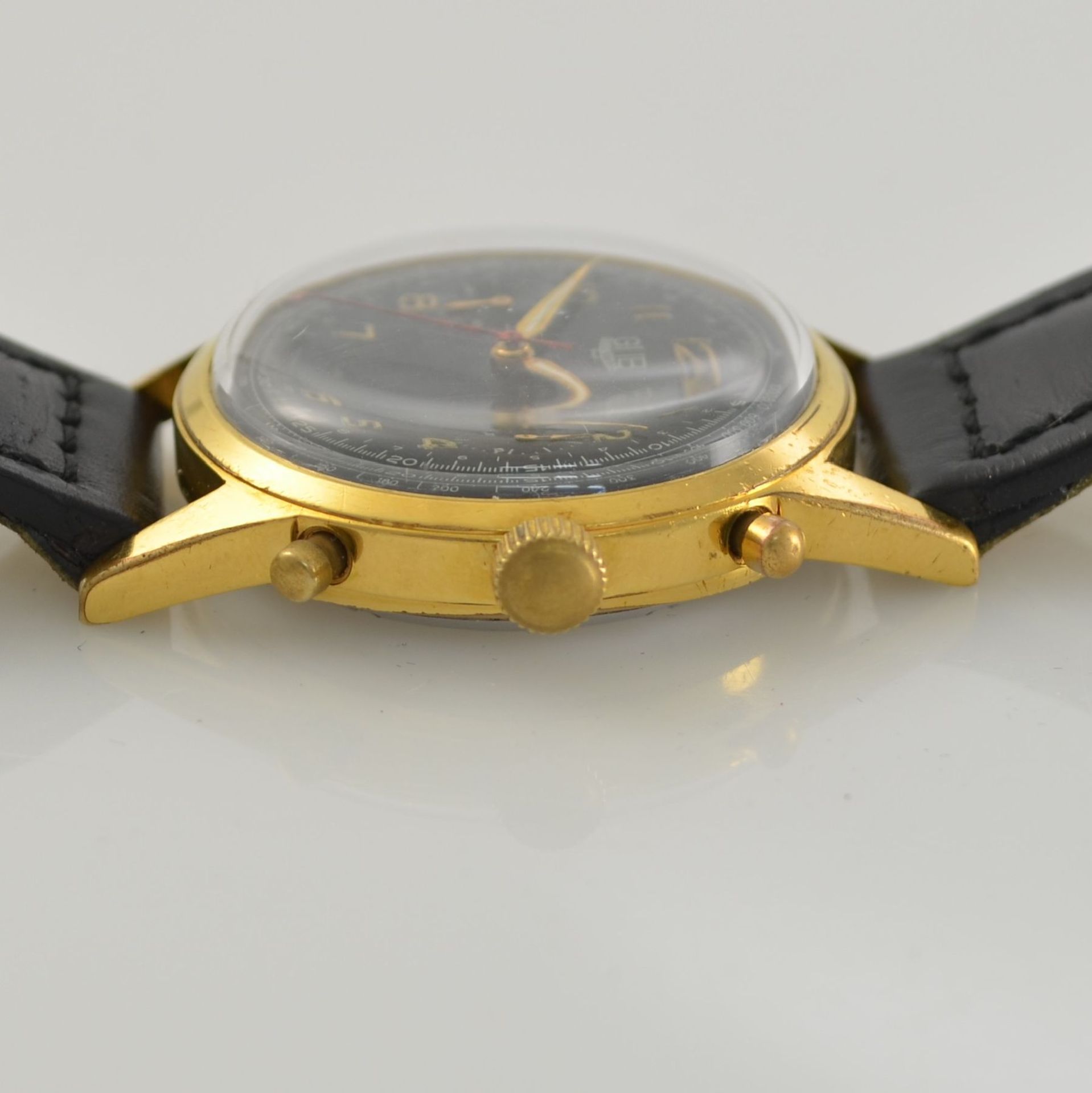 GUB Glashütte/SA Flyback-Armbandchronograph Kal. 64, DDR um 1960, Handaufzug, verg. Geh. m. verschr. - Bild 5 aus 11