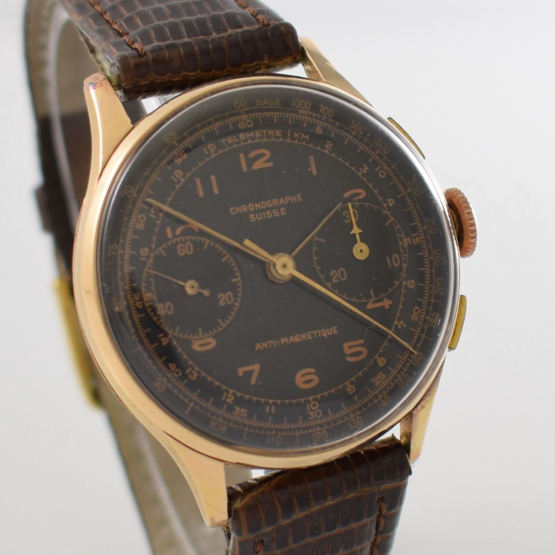 CHRONOGRAPHE SUISSE Herrenarmbanduhr mit Chronograph in RG 750/000, Schweiz um 1950, Gehäuse l. - Bild 6 aus 9