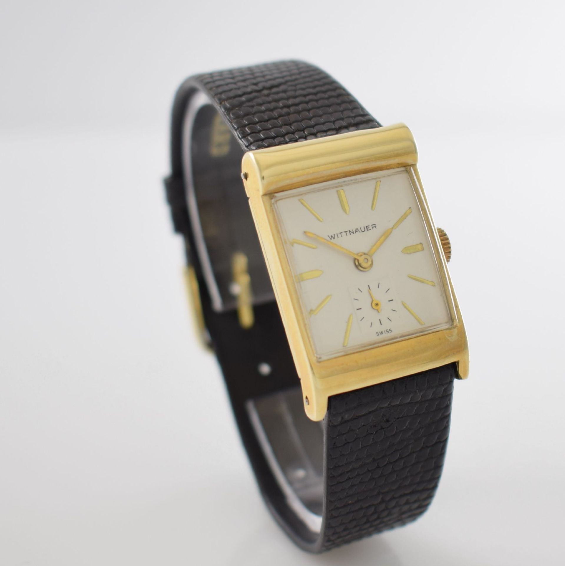 WITTNAUER asymmetrische rechteckige Armbanduhr in GG 585/000, USA/Schweiz um 1945, Handaufzug, 2- - Bild 5 aus 11