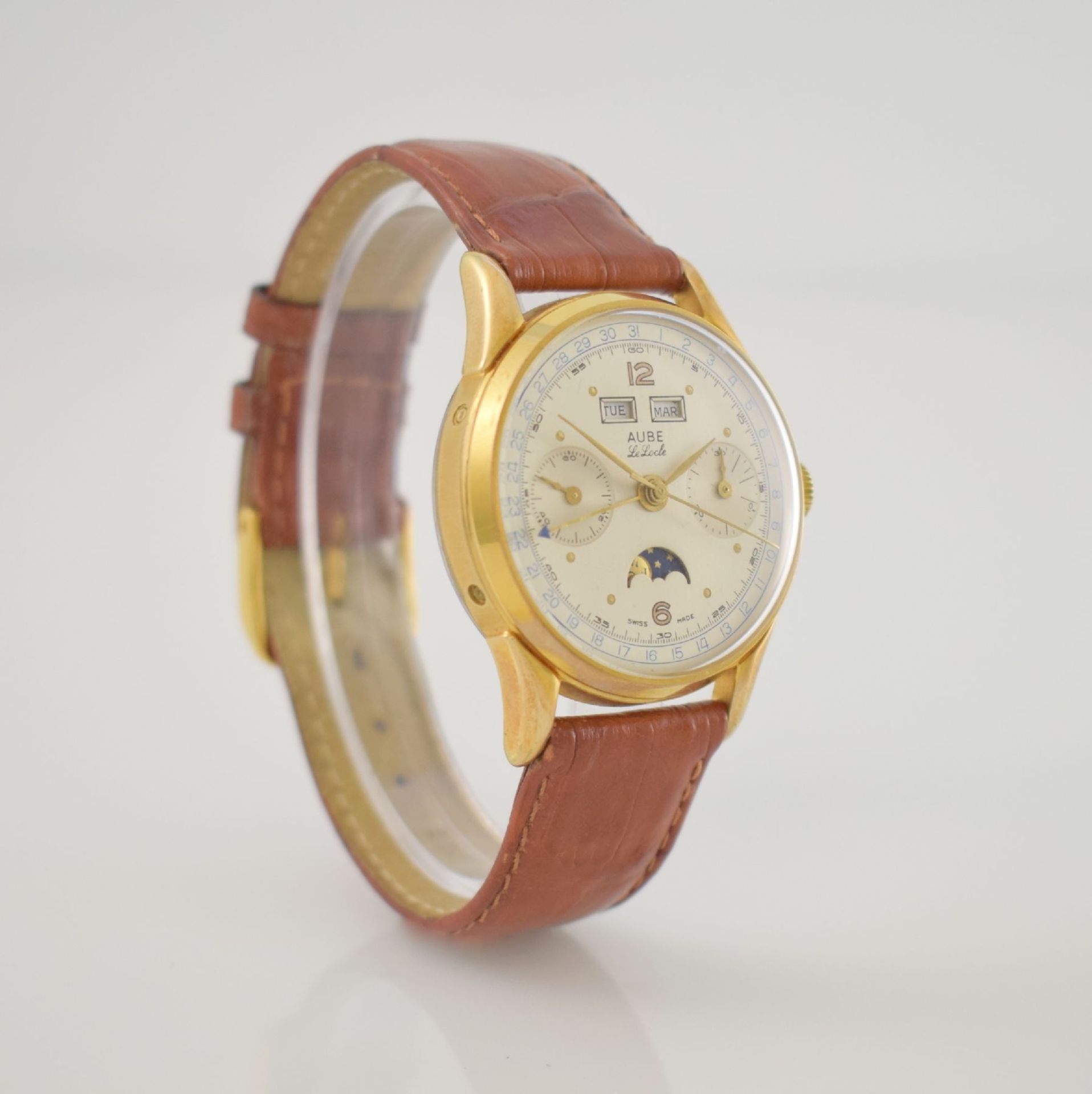 AUBE Schaltradchronograph mit Vollkalender Kaliber Venus 195, Schweiz um 1950, Handaufzug, verg. - Bild 4 aus 7