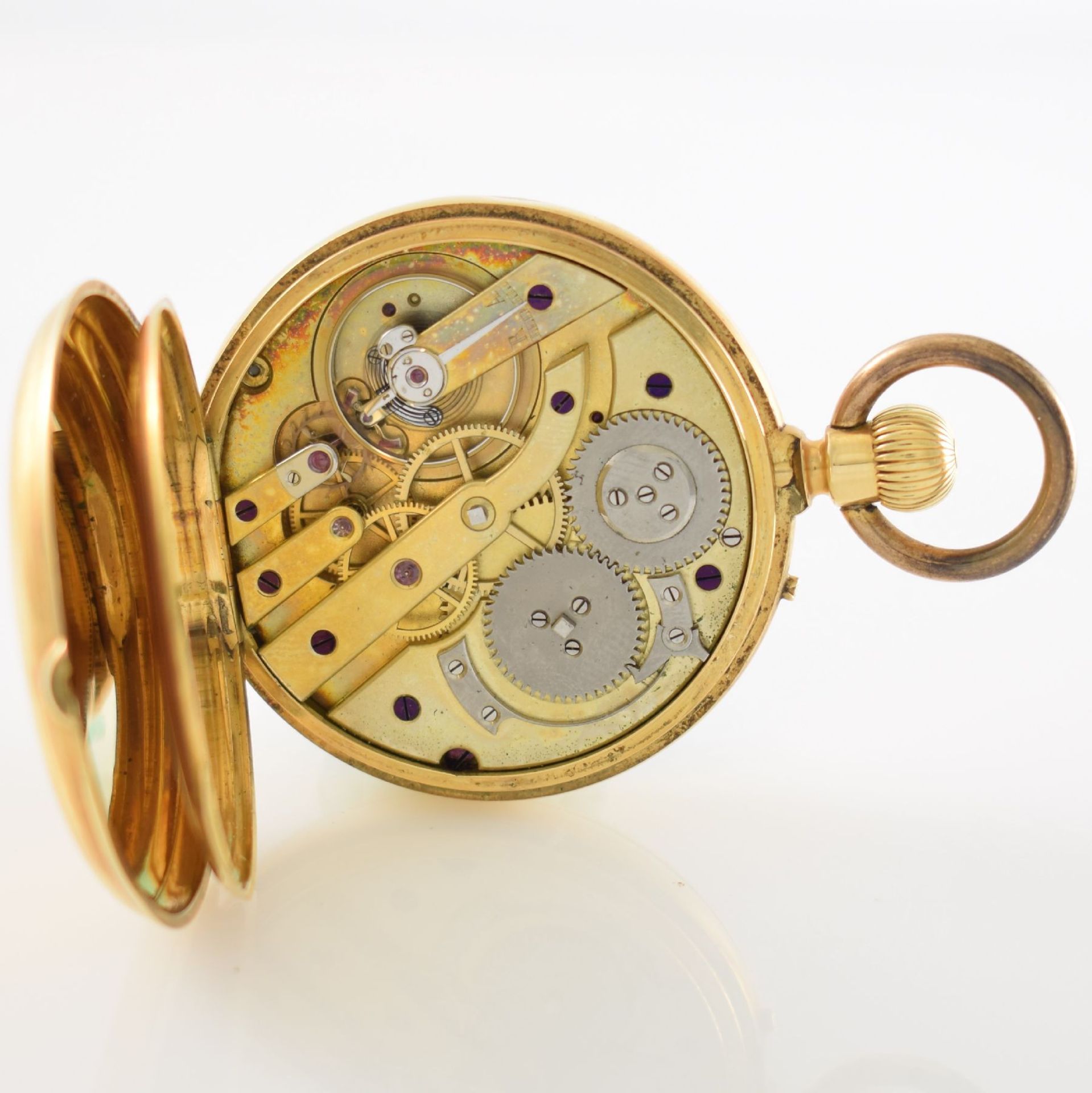 Offene Herrentaschenuhr in GG 750/000, Schweiz um 1890, 2-Deckel Goldgeh., Emailzifferbl. m. röm. - Bild 5 aus 6