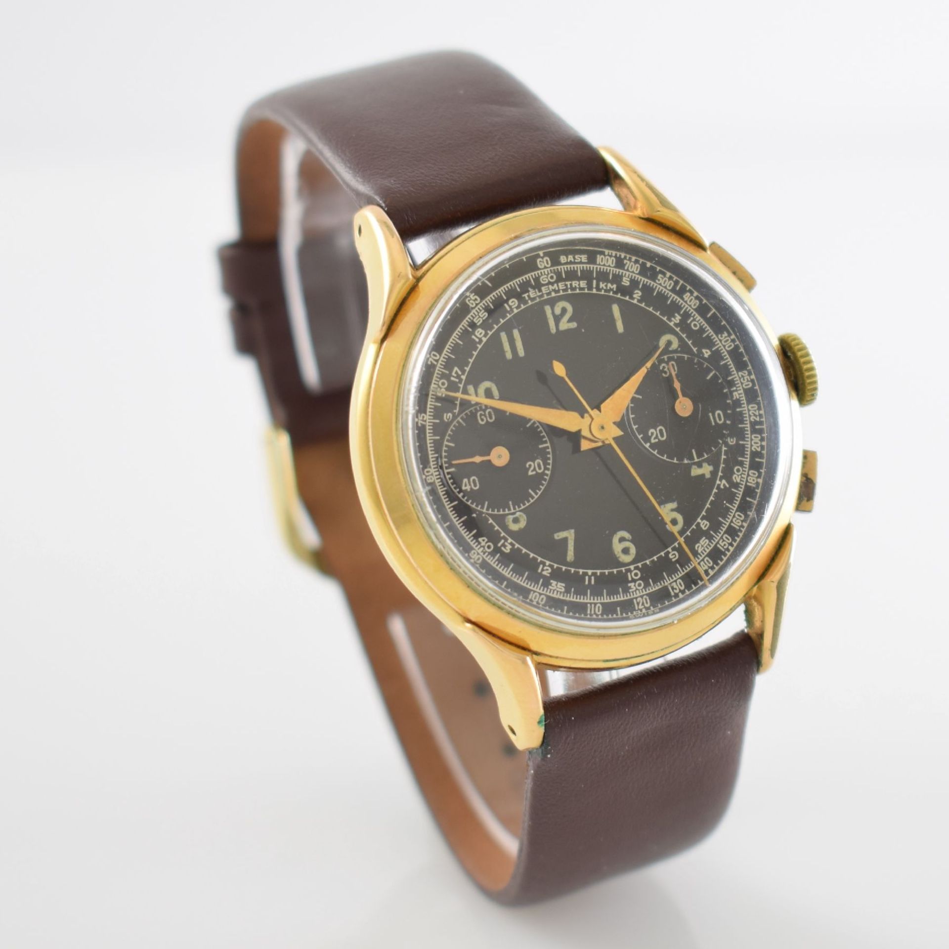 Armbandchronograph mit schwarzem Zifferblatt Kal. Landeron 54, Schweiz um 1950, Handaufzug, verg. - Bild 5 aus 8