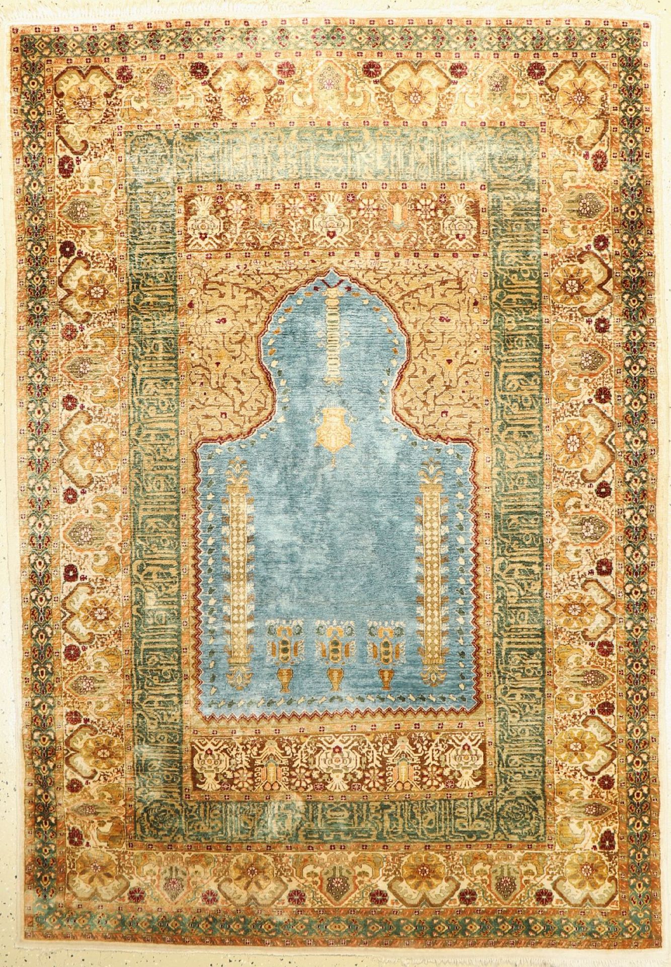 Kashmir Seide Gebetsteppich, Indien, ca. 70Jahre, Seide Baumwolle, ca. 195 x 136 cm, Himmelblauer