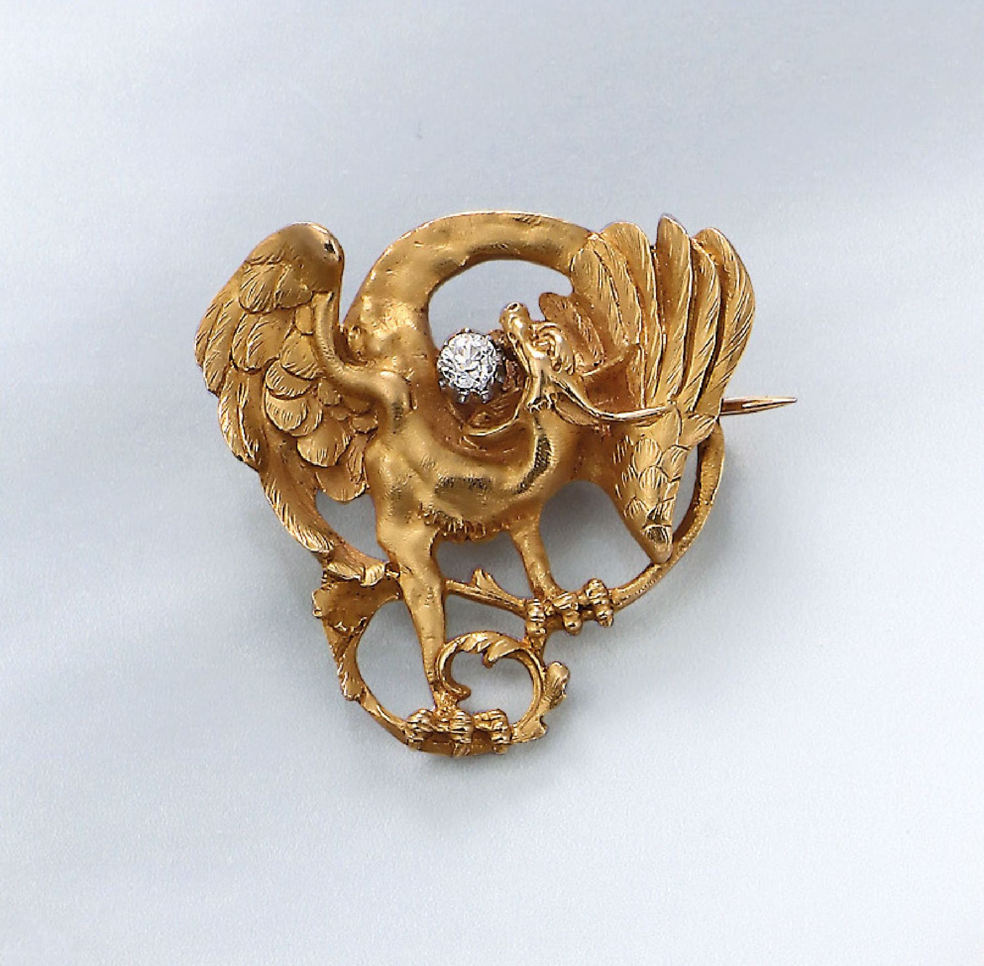 18 kt Gold Brosche/Anhänger "geflügelter Drache" mit Diamanten, Frankreich um 1900, GG 750/000,