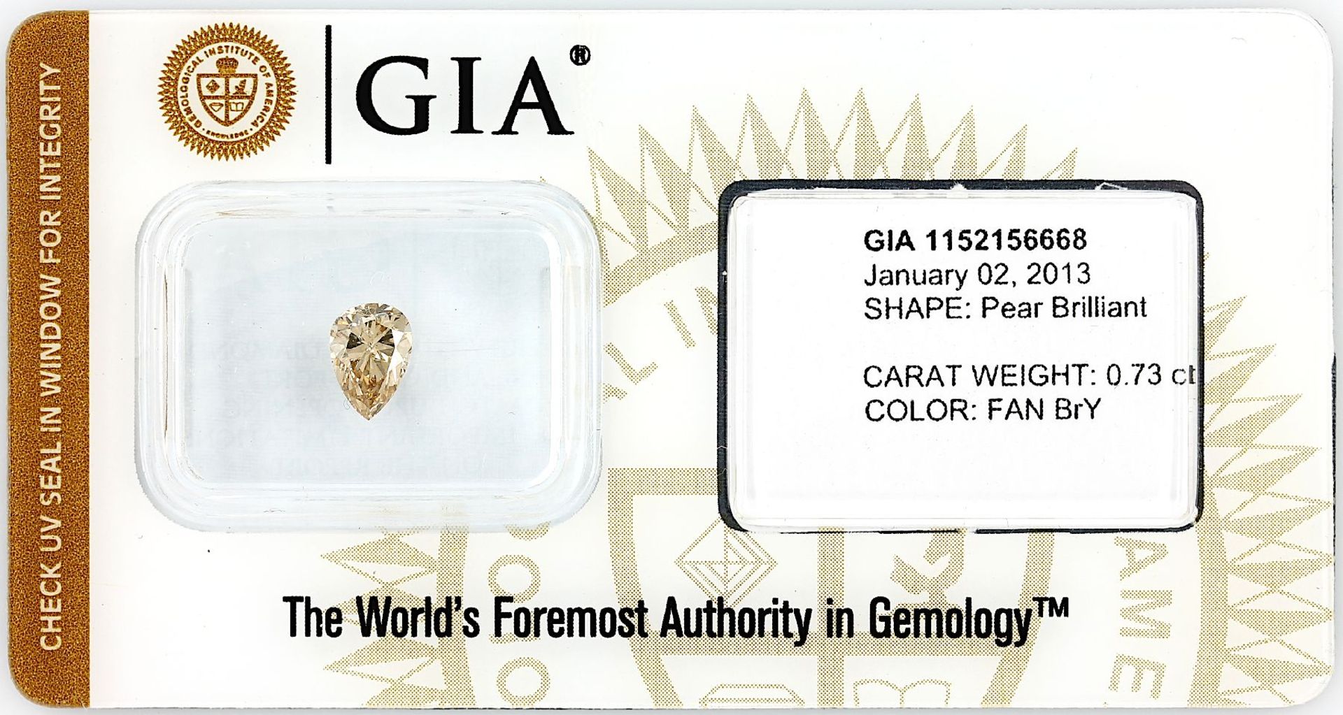 Loser Diamant, 0.73 ct Natural fancy Brown-Yellow, tropfenf. facett., verschweißt, mit GIA-Expertise