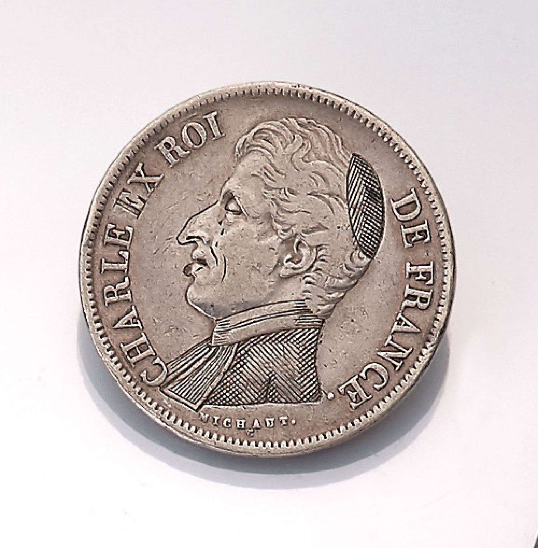Silbermünze, 5 Francs, Frankreich, 1830, Charle Ex Roi De France, Entwurf Michaut, Prägemarke