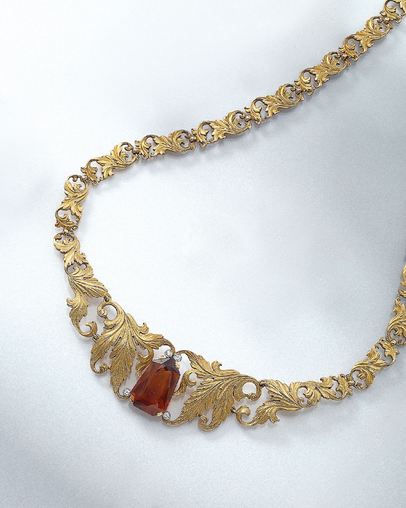 14 kt Gold Jugendstil Collier mit Citrin und Diamanten, um 1905, GG 585/000, florale Gestaltung, 1