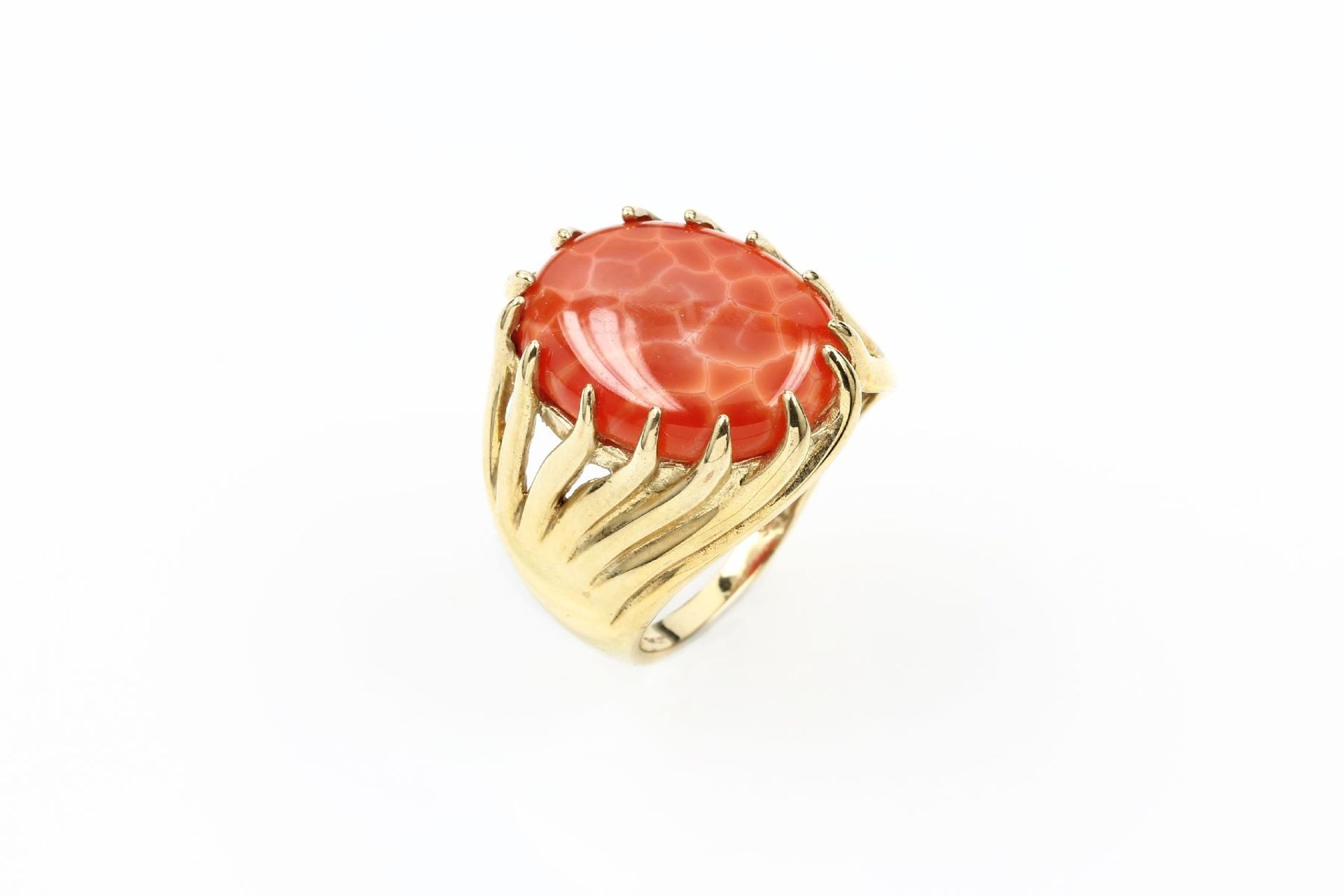 9 kt Gold Ring mit Feuerachat, GG 375/000, ausgefallenes Design in abstrakt floraler Anmutung,